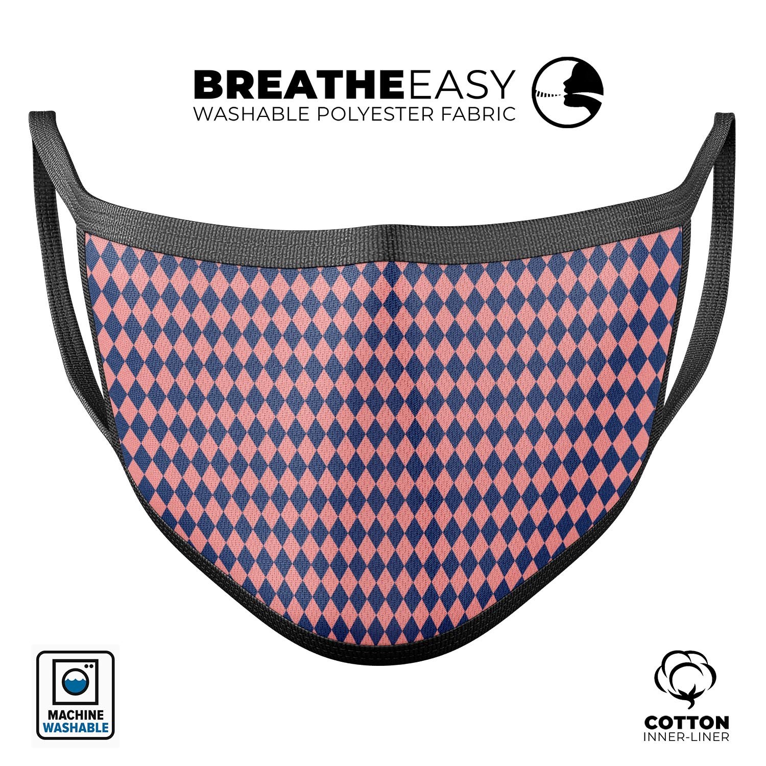 Navy and Coral Checkerboard Pattern mouth cover, showcasing a stylish design with adjustable ear loops.