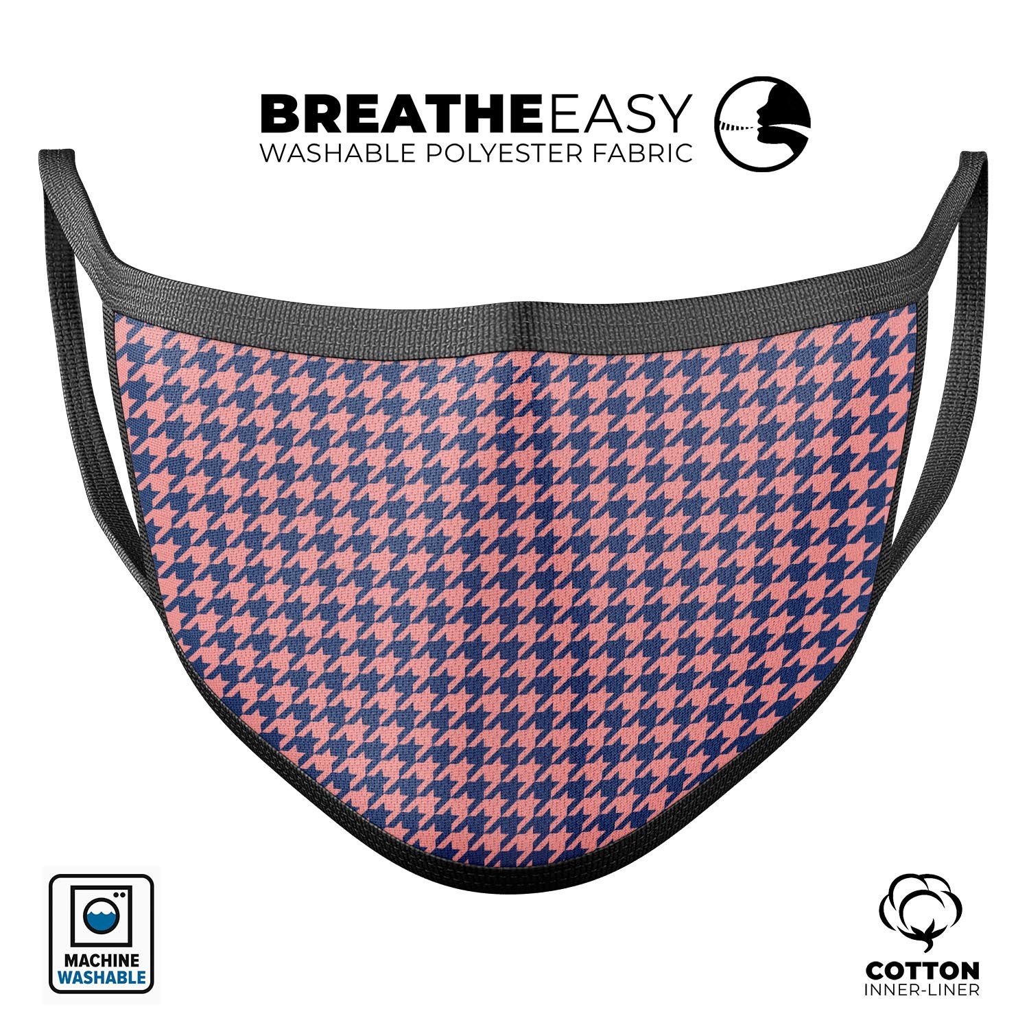 Navy and Coral Houndstooth Pattern reusable mouth cover, showcasing adjustable ear loops and soft cotton interior, made in the USA.