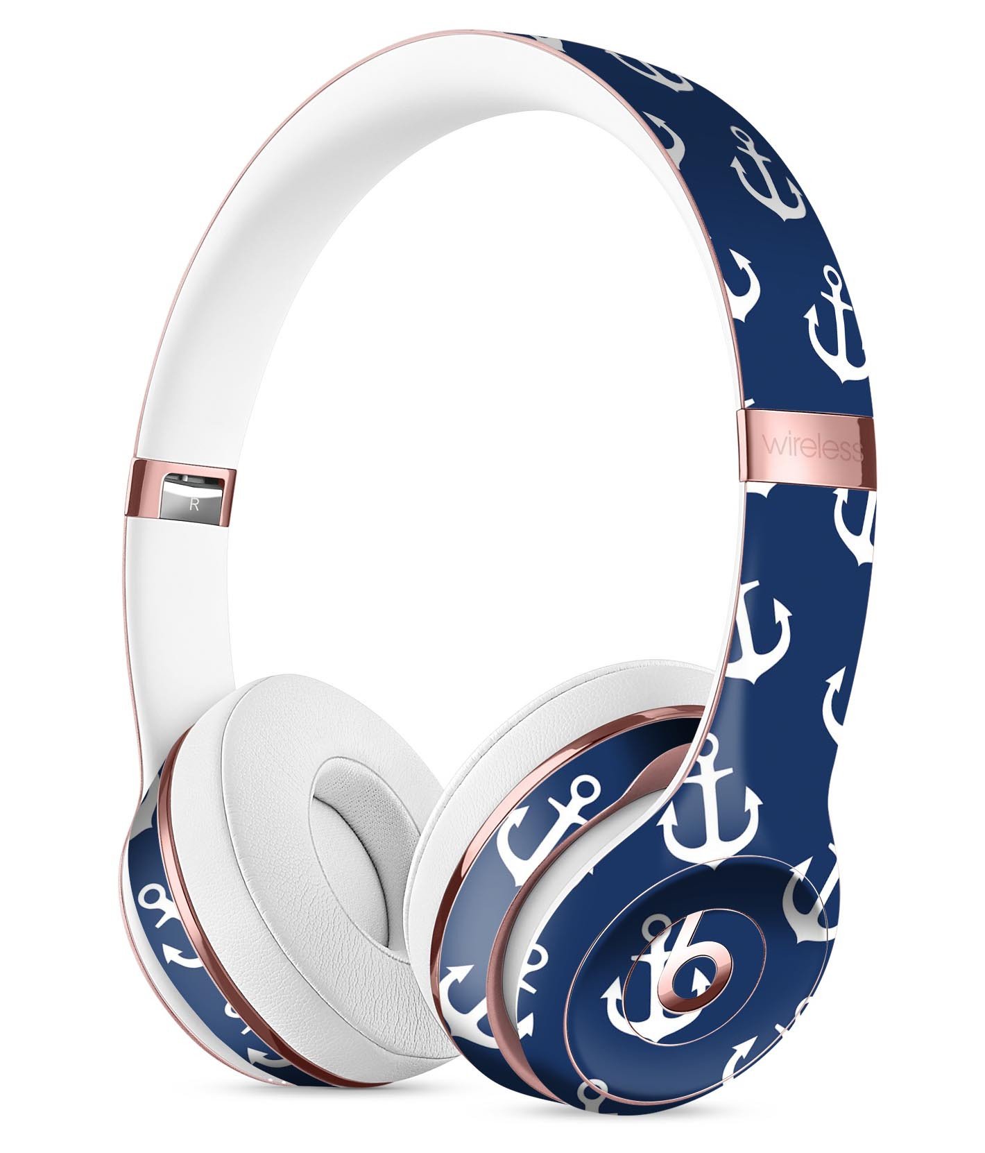 Navy and White Micro Anchors Full-Body Skin Kit for Beats by Dre Solo 3 Wireless Headphones, showcasing a stylish design and premium vinyl material.