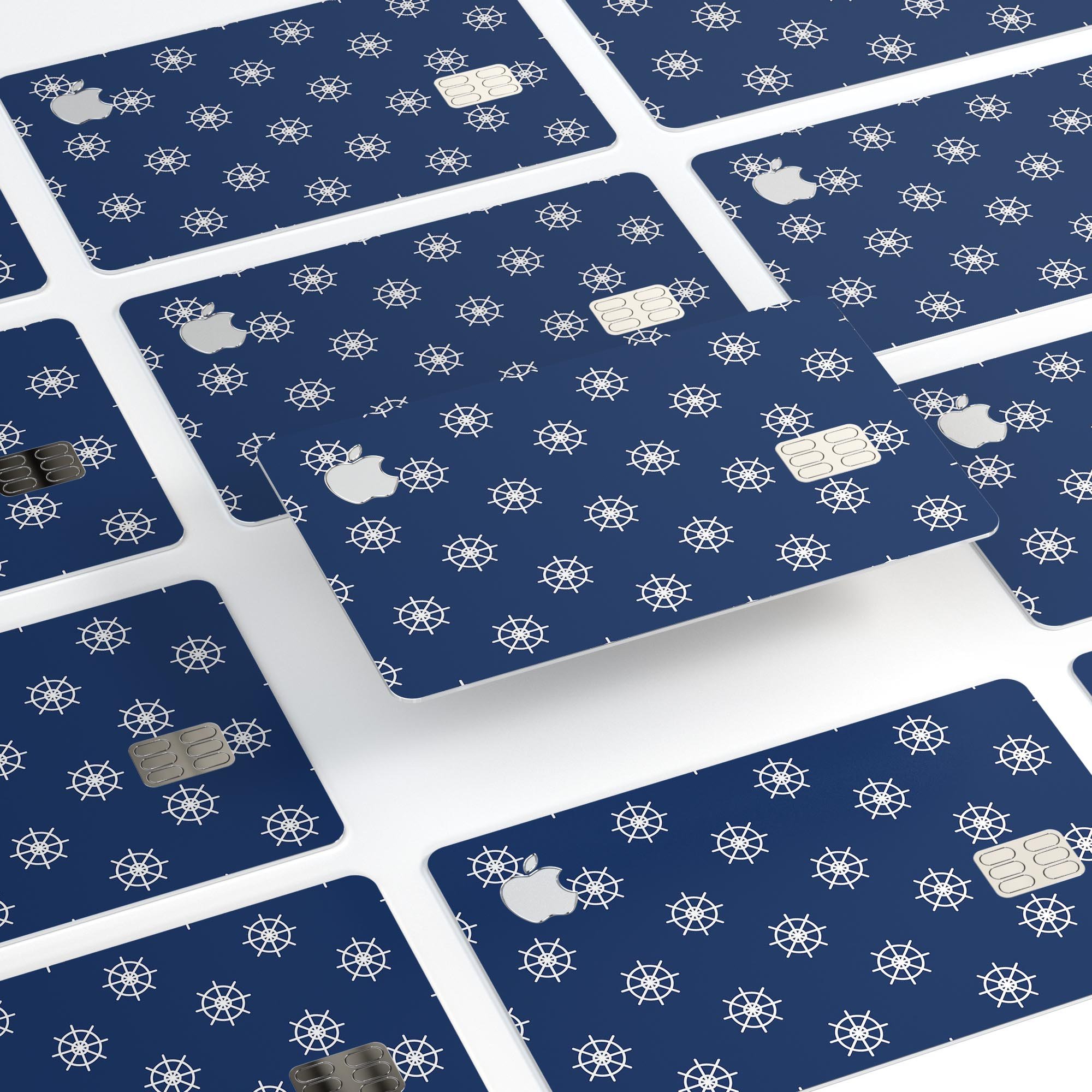 Navy and White Micro Ship Wheels decal skin for Apple Card, showcasing premium vinyl design and protective features.