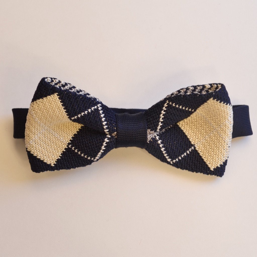 Navy Blue and Cream Diamond knitted bow tie, showcasing a stylish diamond pattern and pre-tied design.