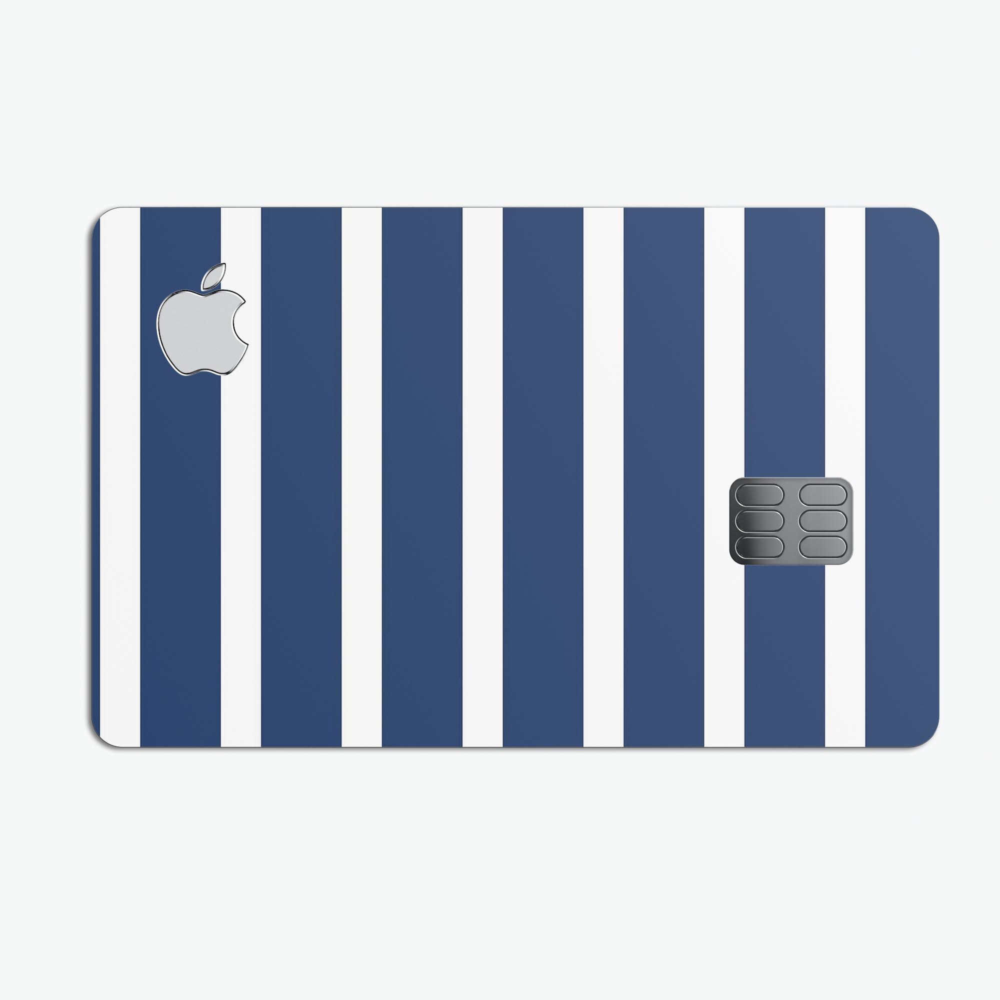 Navy blue and white horizontal stripes protective decal for Apple Card, showcasing its premium vinyl material and stylish design.