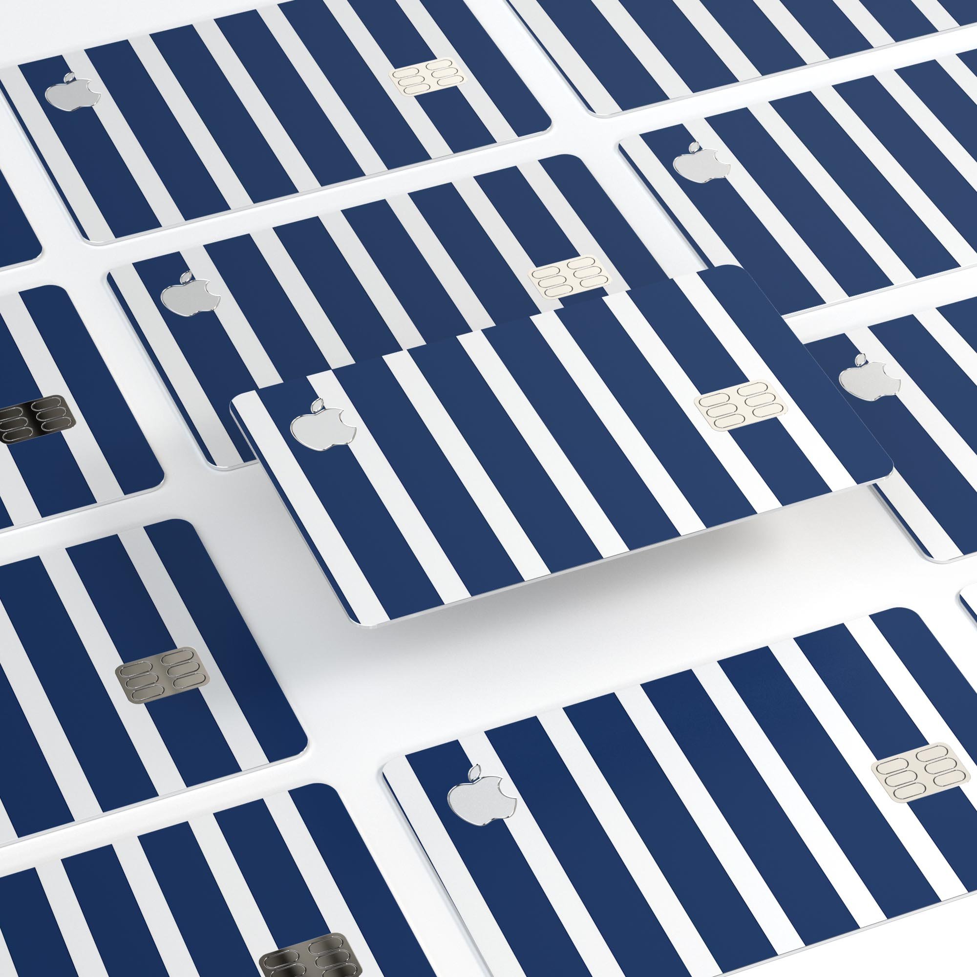 Navy blue and white horizontal stripes protective decal for Apple Card, showcasing its premium vinyl material and stylish design.