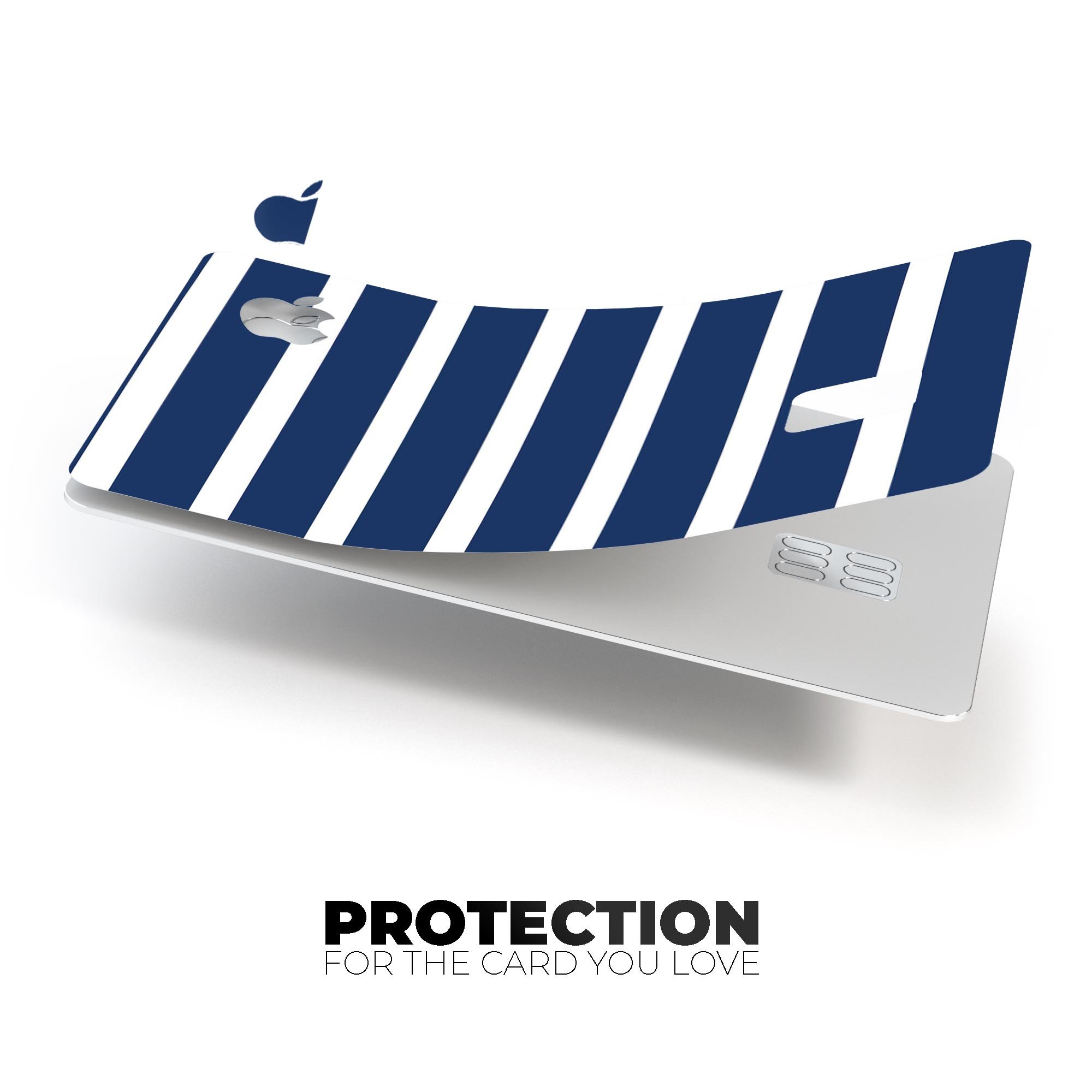 Navy blue and white horizontal stripes protective decal for Apple Card, showcasing its premium vinyl material and stylish design.