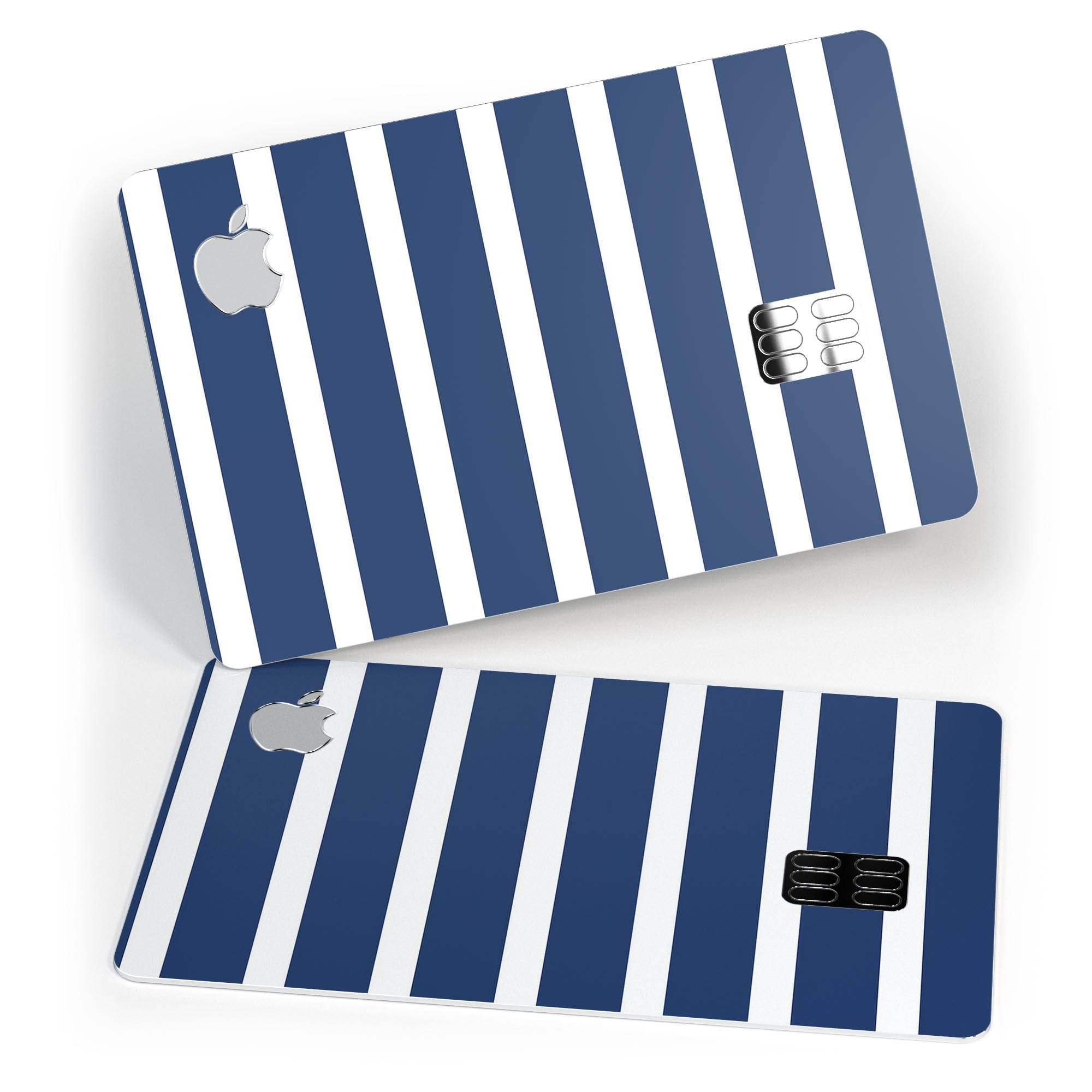 Navy blue and white horizontal stripes protective decal for Apple Card, showcasing its premium vinyl material and stylish design.