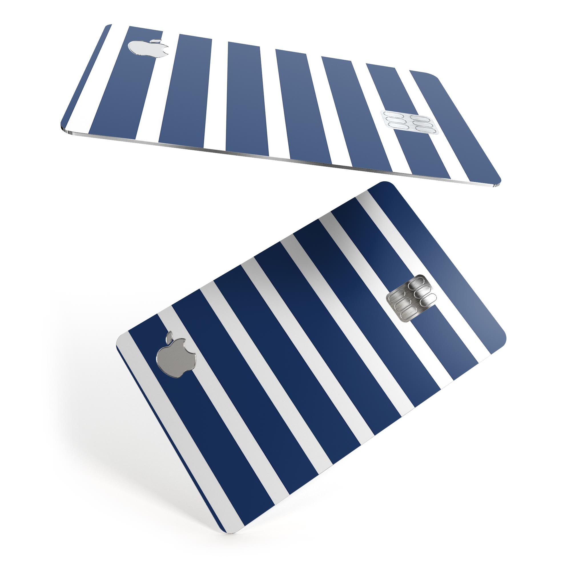 Navy blue and white horizontal stripes protective decal for Apple Card, showcasing its premium vinyl material and stylish design.