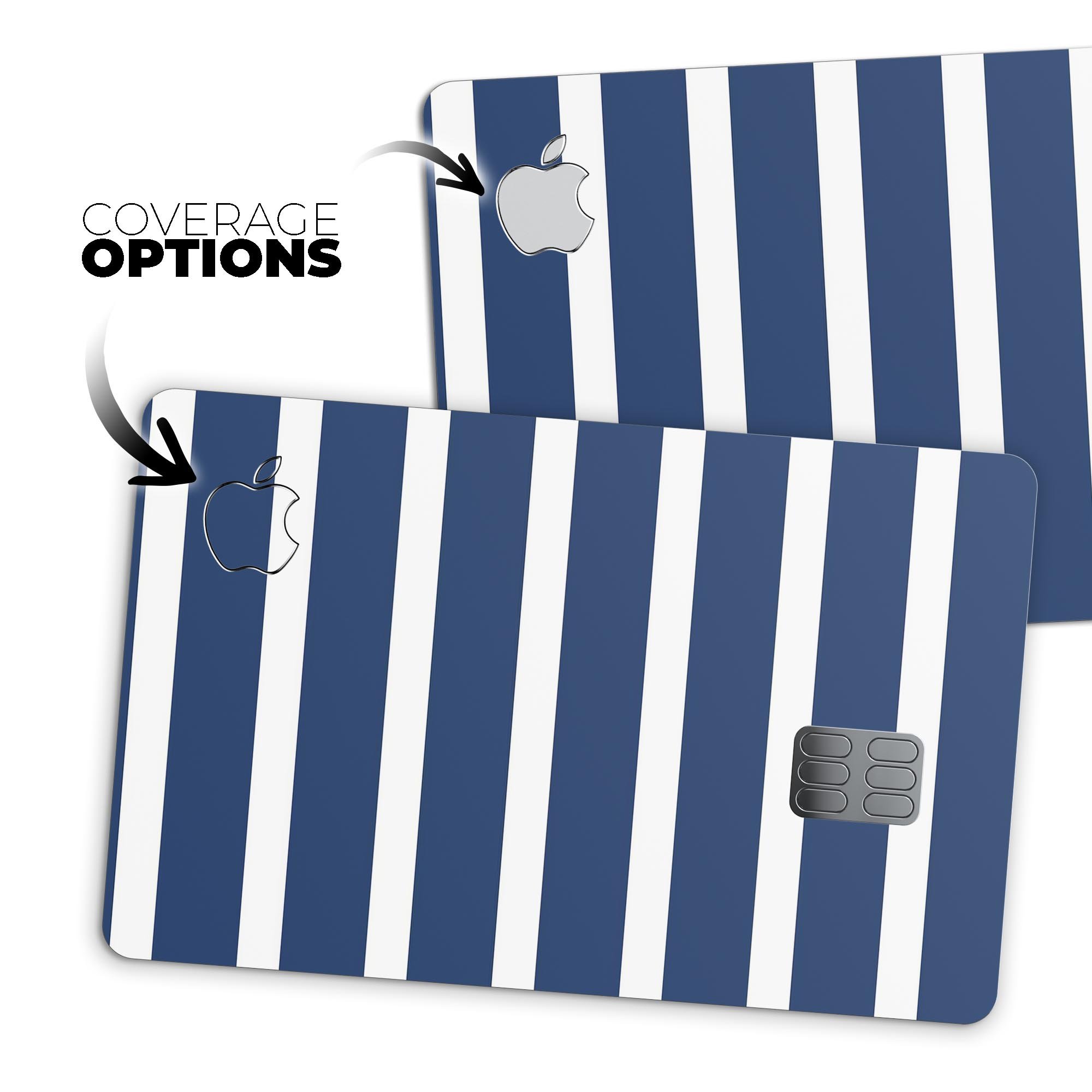 Navy blue and white horizontal stripes protective decal for Apple Card, showcasing its premium vinyl material and stylish design.