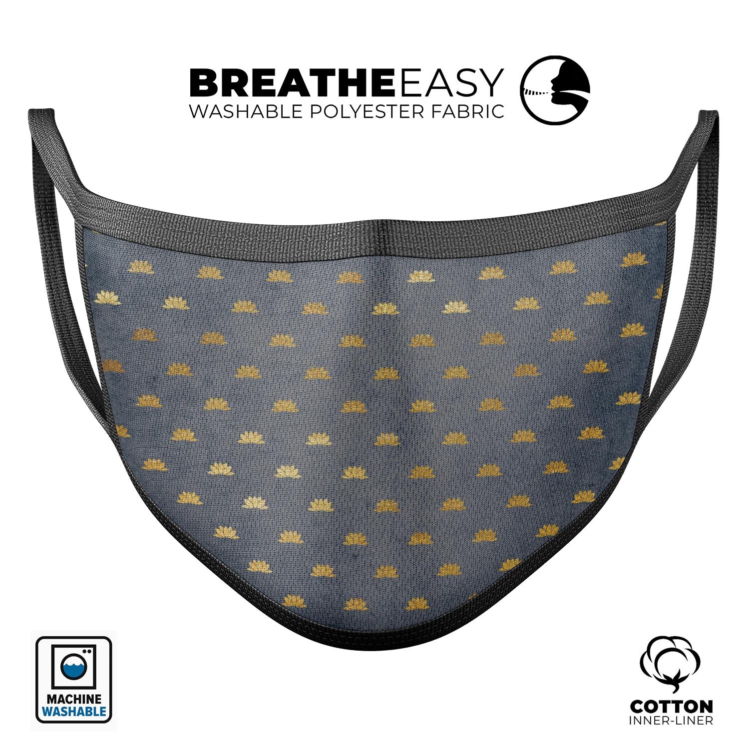 Navy Gold Foil v12 mouth cover, unisex anti-dust cotton mask with adjustable ear loops, made in the USA.