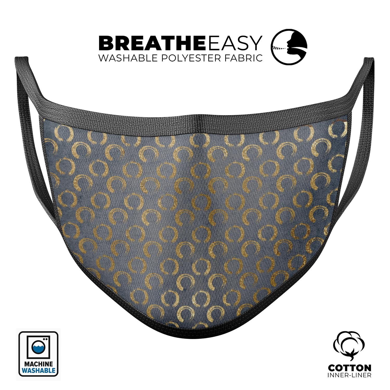 Navy Gold Foil v8 mouth cover, a stylish unisex anti-dust cotton mask with adjustable ear loops, made in the USA.