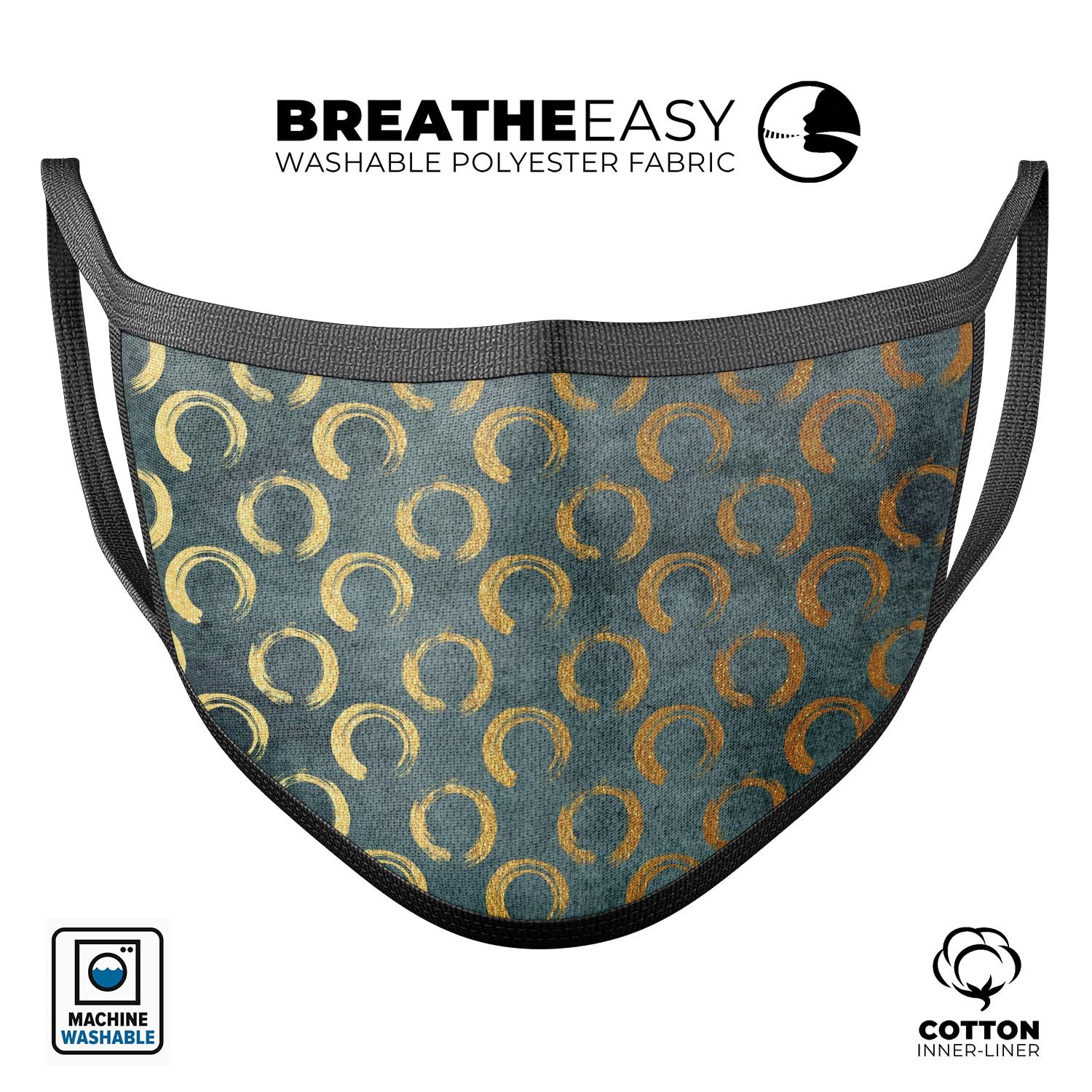 Navy Gold Foil v9 mouth cover, unisex anti-dust cotton mask with adjustable ear loops, made in the USA.