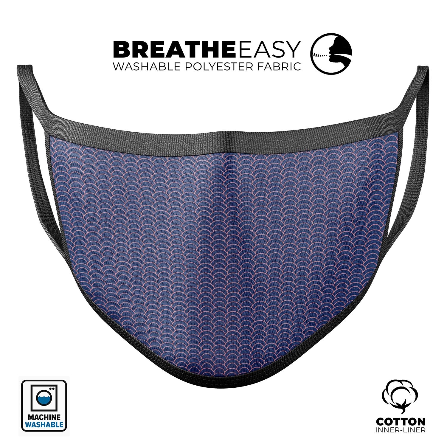 Navy SemiCircles Over Coral reusable face mask, featuring a stylish design and adjustable ear loops for a comfortable fit.