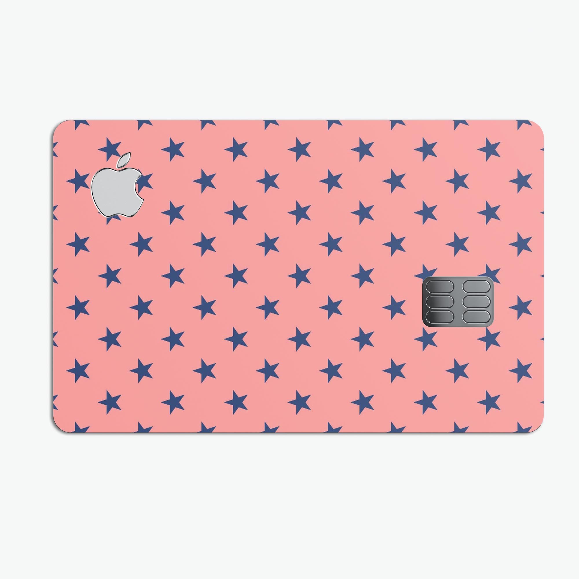 Navy Stars Over Coral Pattern Premium Protective Decal Skin-Kit for Apple Card, showcasing vibrant colors and a stylish design.