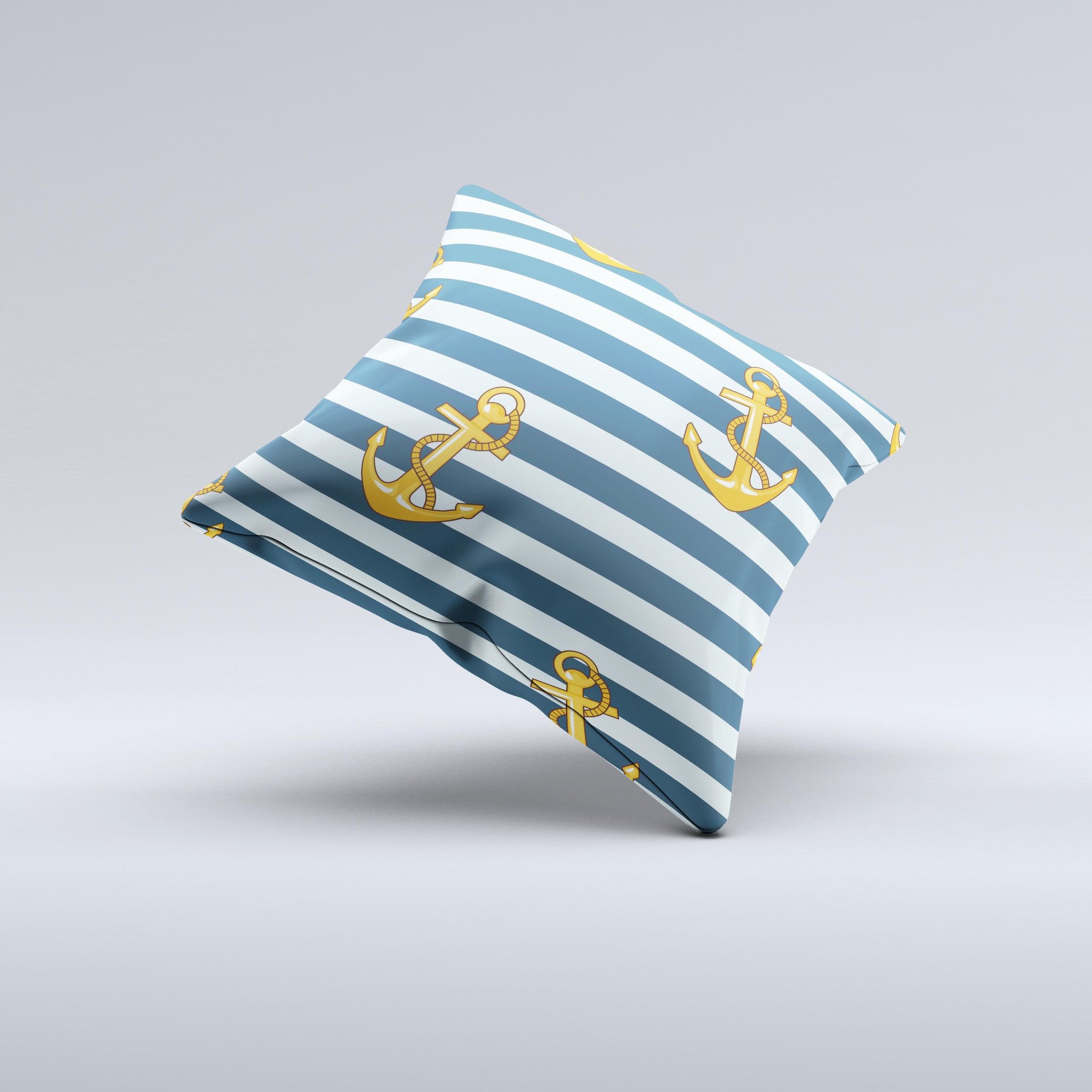 Navy striped decorative throw pillow featuring gold anchors, handcrafted with high-quality materials.