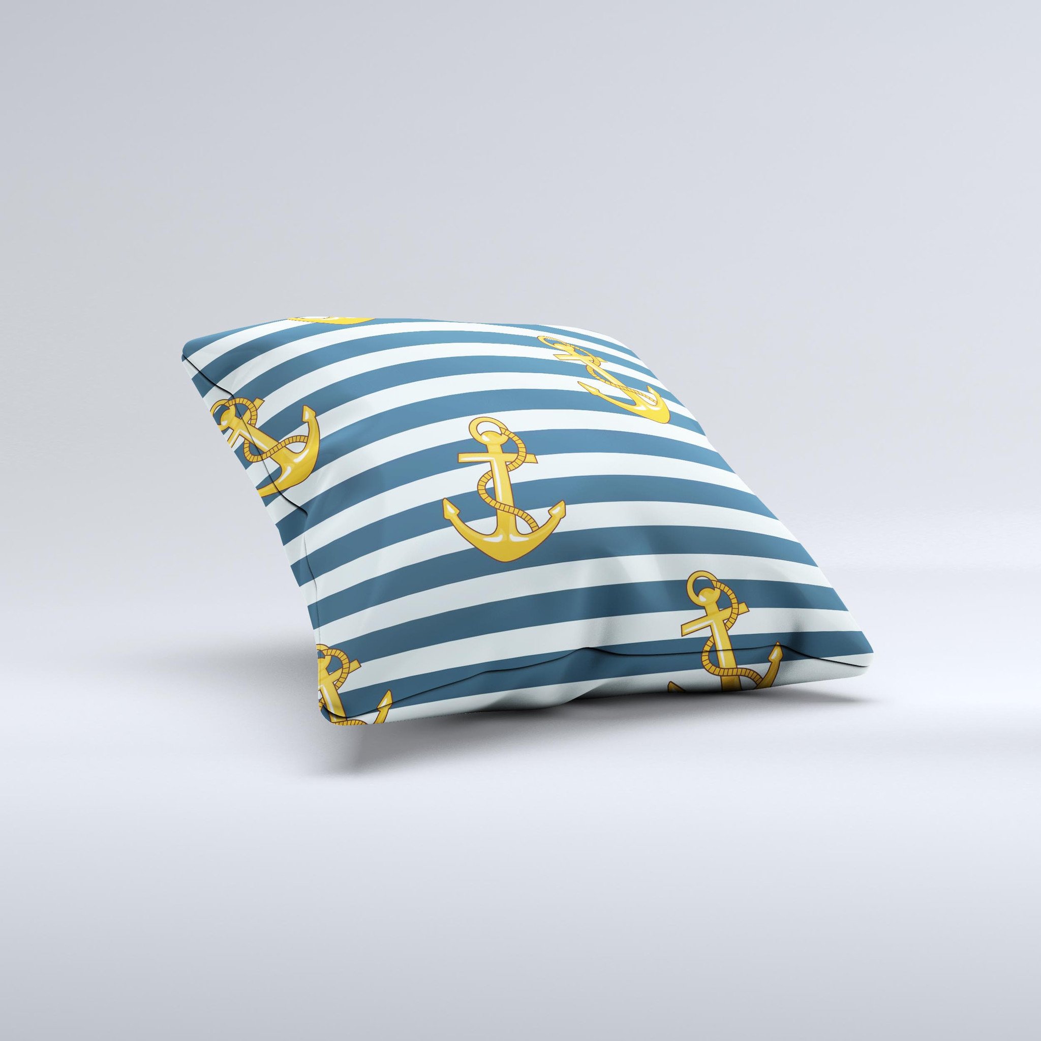 Navy striped decorative throw pillow featuring gold anchors, handcrafted with high-quality materials.