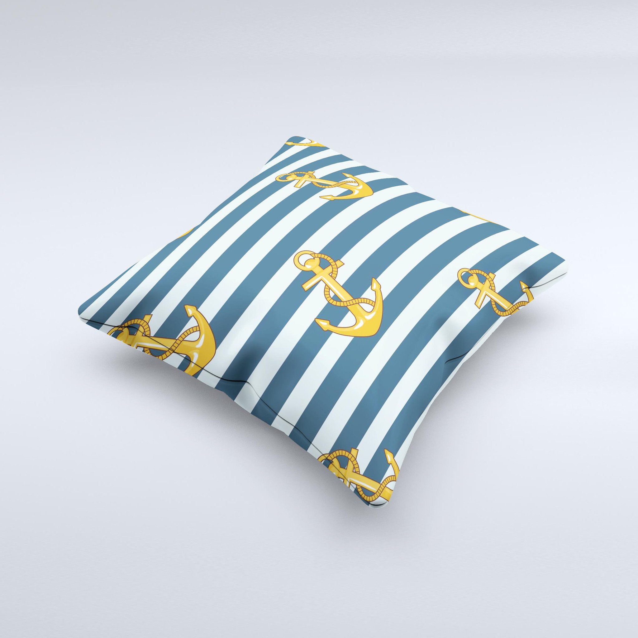 Navy striped decorative throw pillow featuring gold anchors, handcrafted with high-quality materials.