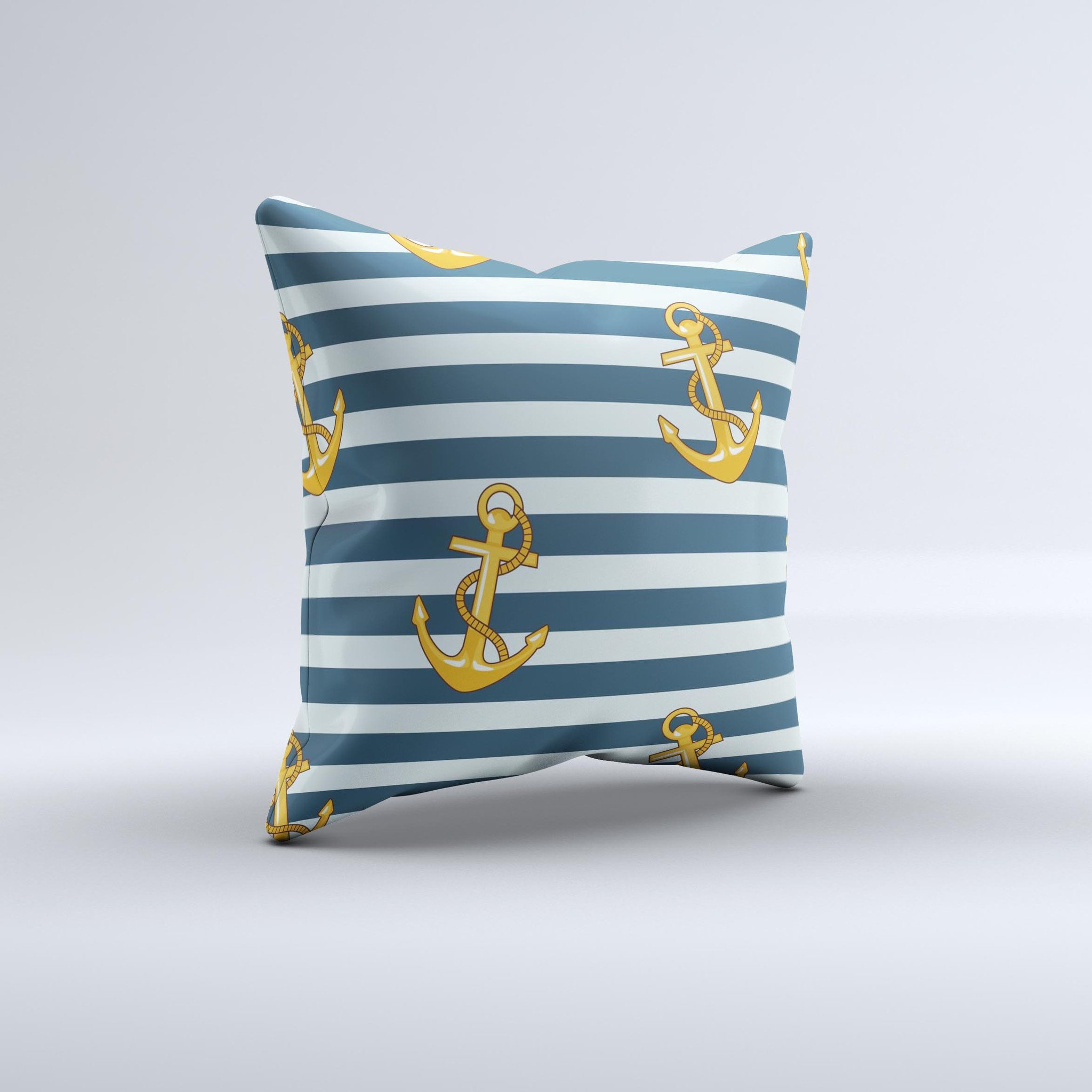 Navy striped decorative throw pillow featuring gold anchors, handcrafted with high-quality materials.