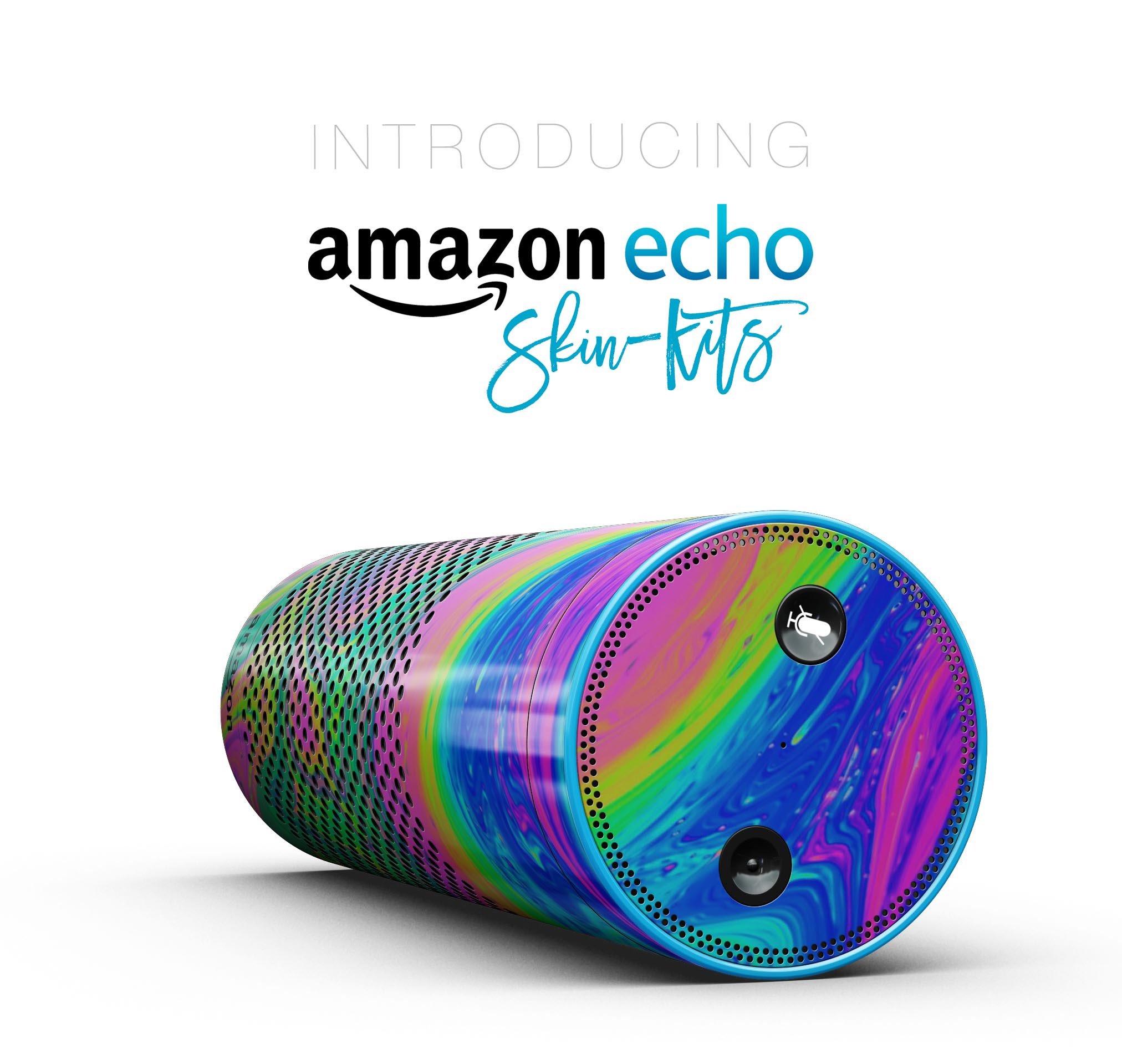 Neon Color Fusion V3 skin-kit for Amazon Echo showcasing vibrant colors and precise fit.