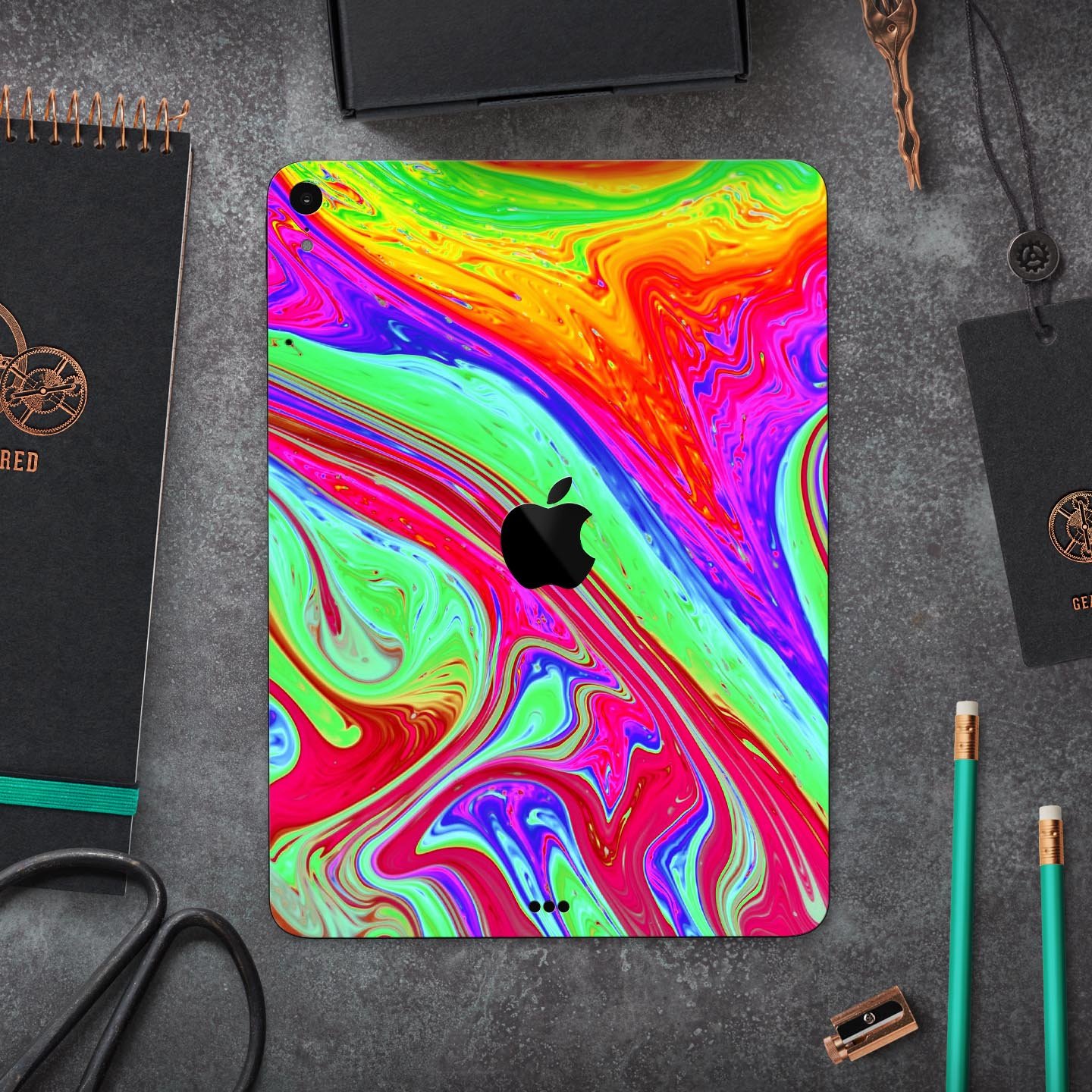 Neon Color Fusion V8 skin decal for Apple iPad Pro, showcasing vibrant colors and sleek design.