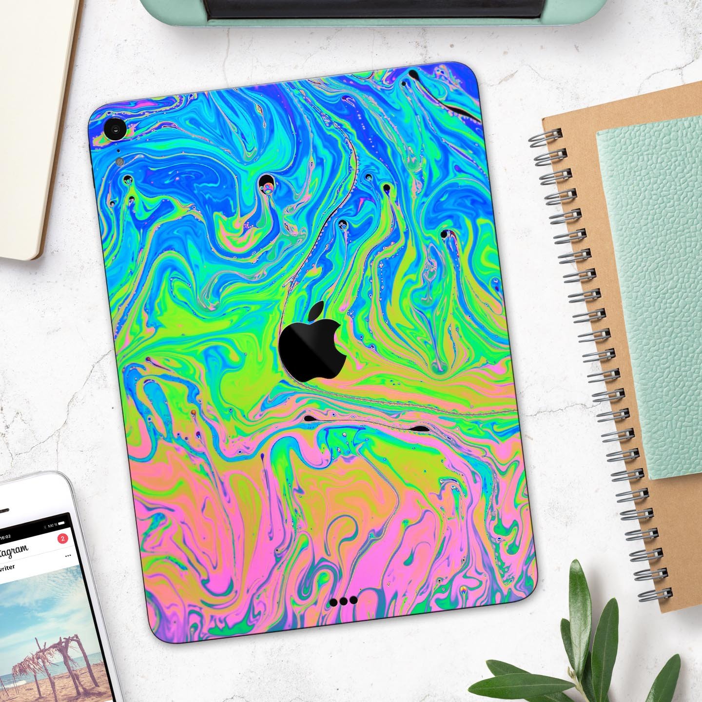 Neon Color Swirls V2 skin decal for Apple iPad Pro, showcasing vibrant colors and intricate swirl patterns.