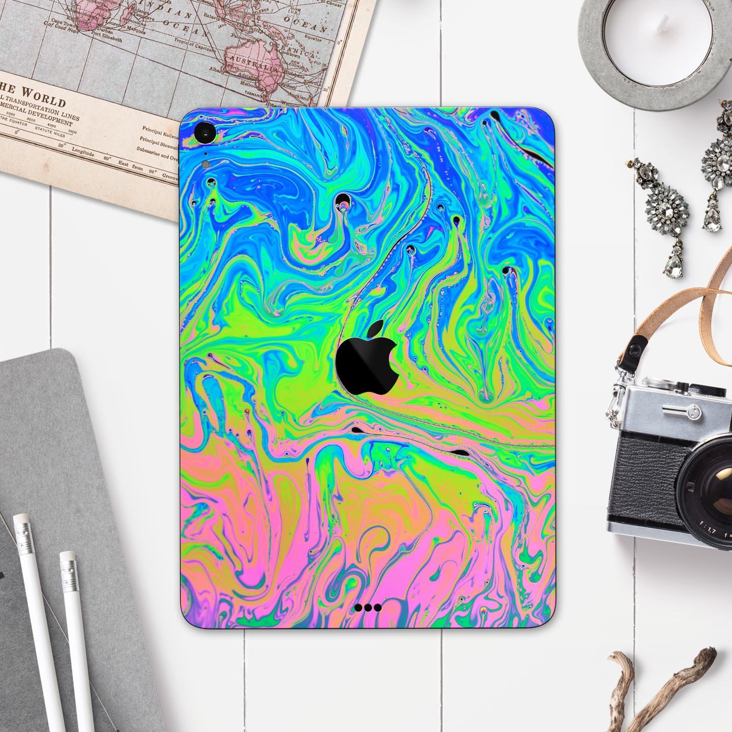 Neon Color Swirls V2 skin decal for Apple iPad Pro, showcasing vibrant colors and intricate swirl patterns.