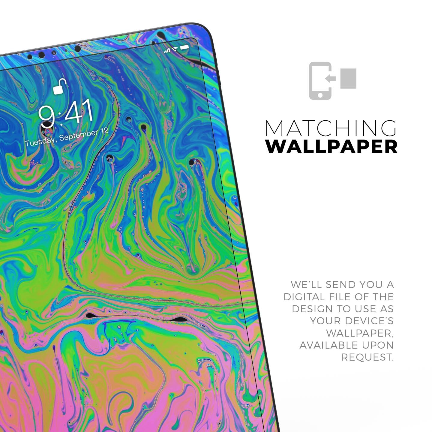 Neon Color Swirls V2 skin decal for Apple iPad Pro, showcasing vibrant colors and intricate swirl patterns.