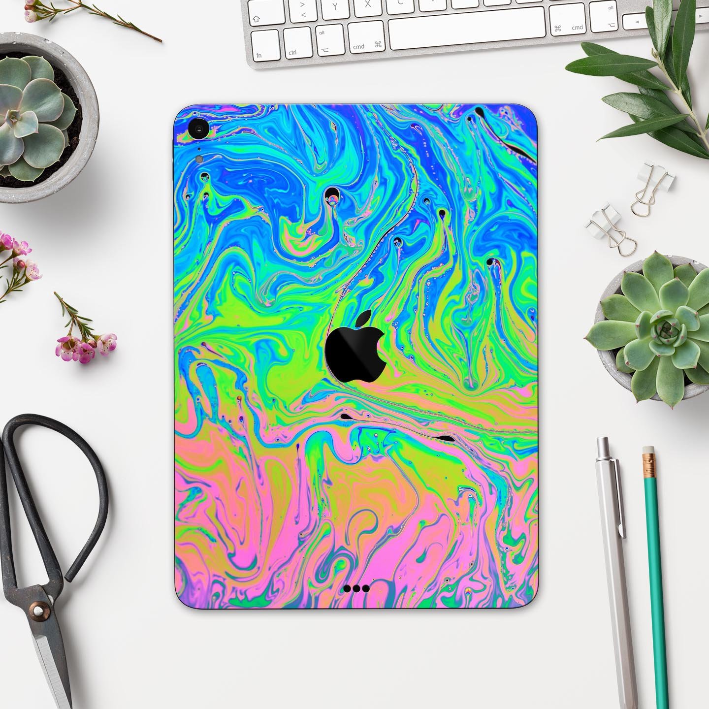 Neon Color Swirls V2 skin decal for Apple iPad Pro, showcasing vibrant colors and intricate swirl patterns.
