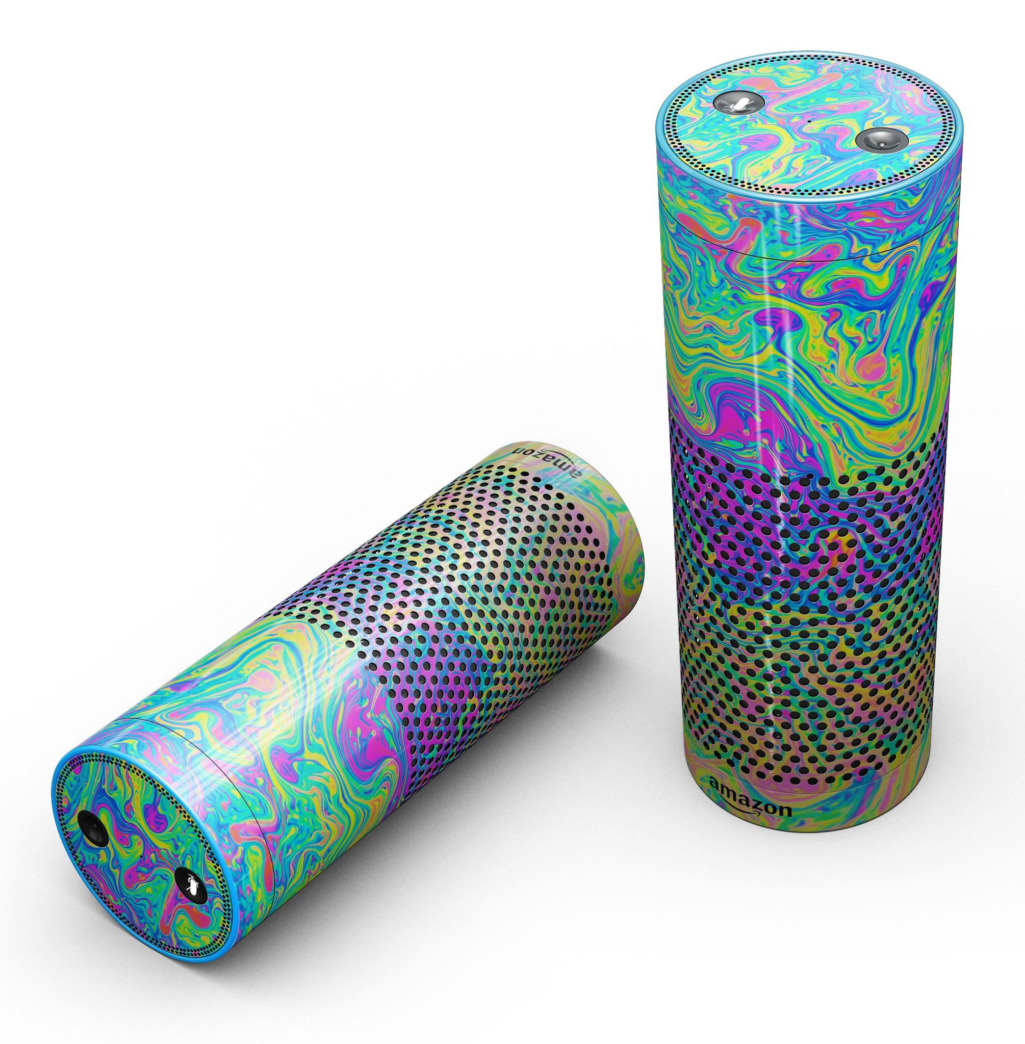 Neon Color Swirls V2 skin kit for Amazon Echo, showcasing vibrant colors and precise cutouts for full-body protection.