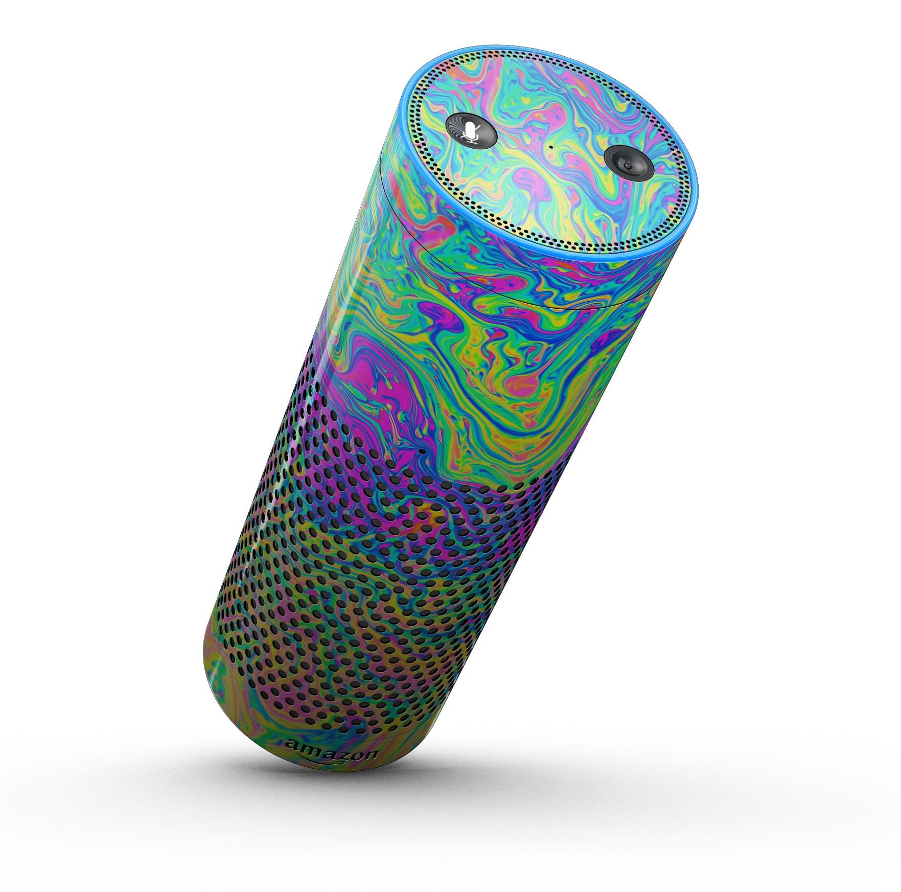 Neon Color Swirls V2 skin kit for Amazon Echo, showcasing vibrant colors and precise cutouts for full-body protection.