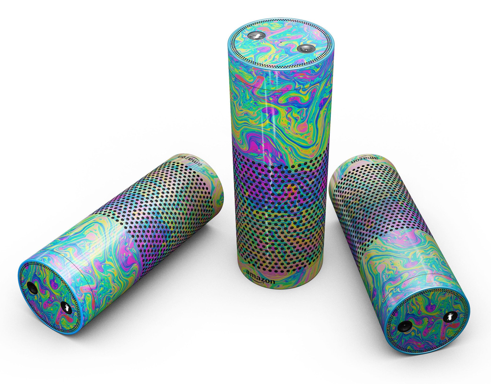 Neon Color Swirls V2 skin kit for Amazon Echo, showcasing vibrant colors and precise cutouts for full-body protection.