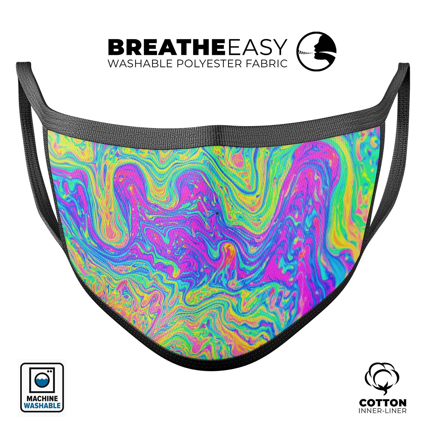 Neon Color Swirls V2 mouth cover featuring vibrant colors and patterns, made from soft cotton and designed for comfort.