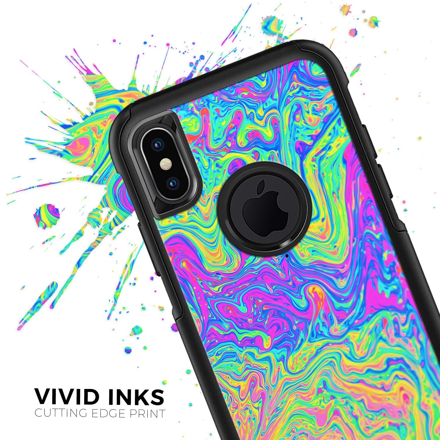 Neon Color Swirls V2 skin kit for iPhone OtterBox cases, showcasing vibrant colors and patterns on a sleek design.
