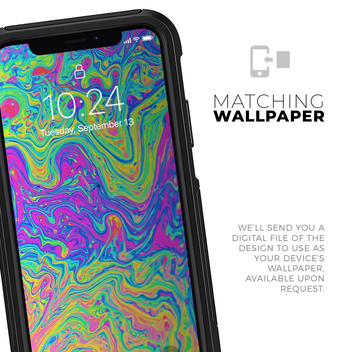 Neon Color Swirls V2 skin kit for iPhone OtterBox cases, showcasing vibrant colors and patterns on a sleek design.