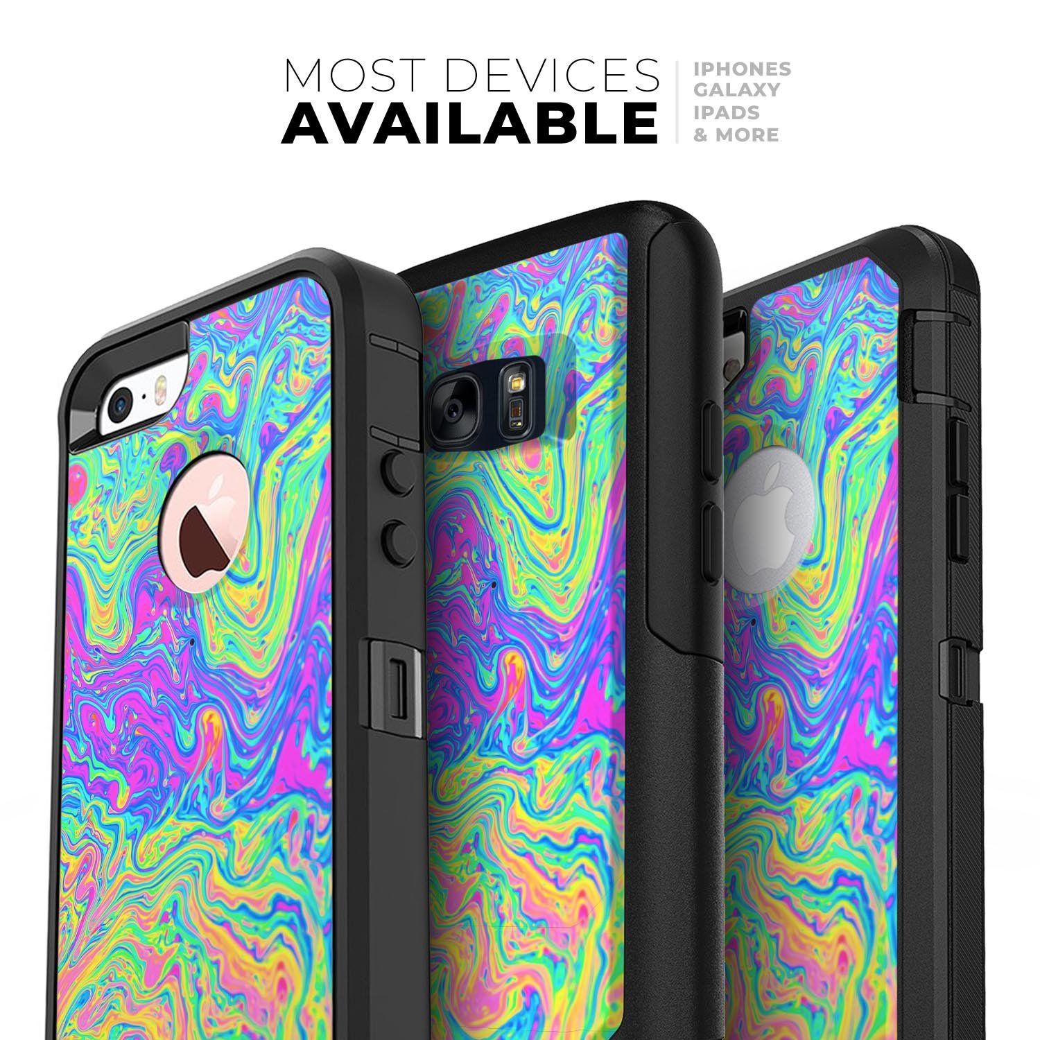 Neon Color Swirls V2 skin kit for iPhone OtterBox cases, showcasing vibrant colors and patterns on a sleek design.