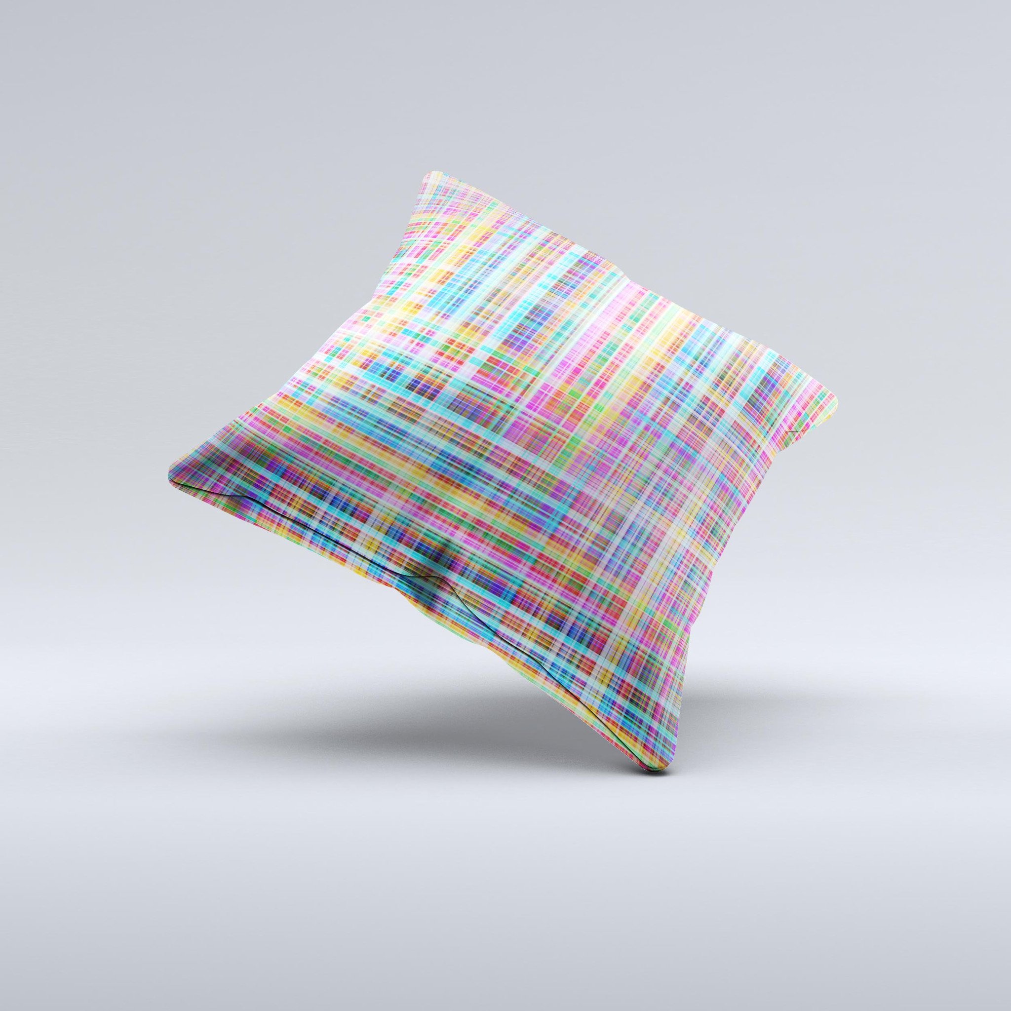 A vibrant Neon Faded Rainbow Plaid decorative throw pillow showcasing a unique ink-fuzed design, handcrafted in Virginia.