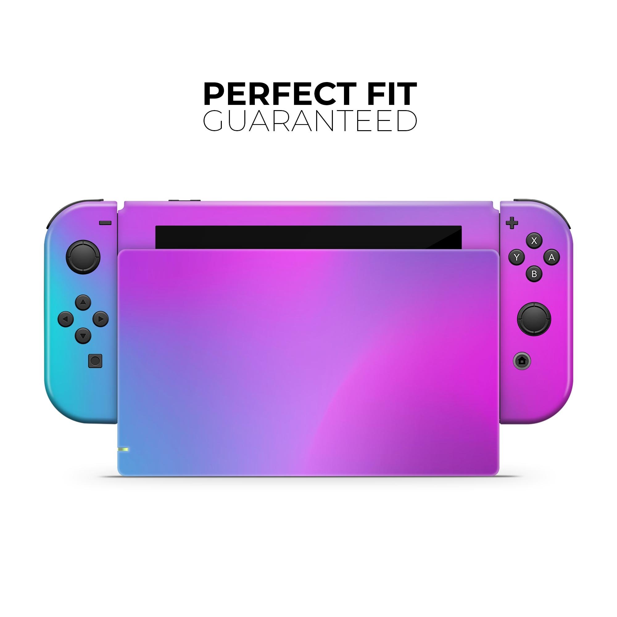 Neon Holographic V1 skin decal wrap kit for Nintendo Switch, showcasing vibrant holographic design and soft-touch matte finish.