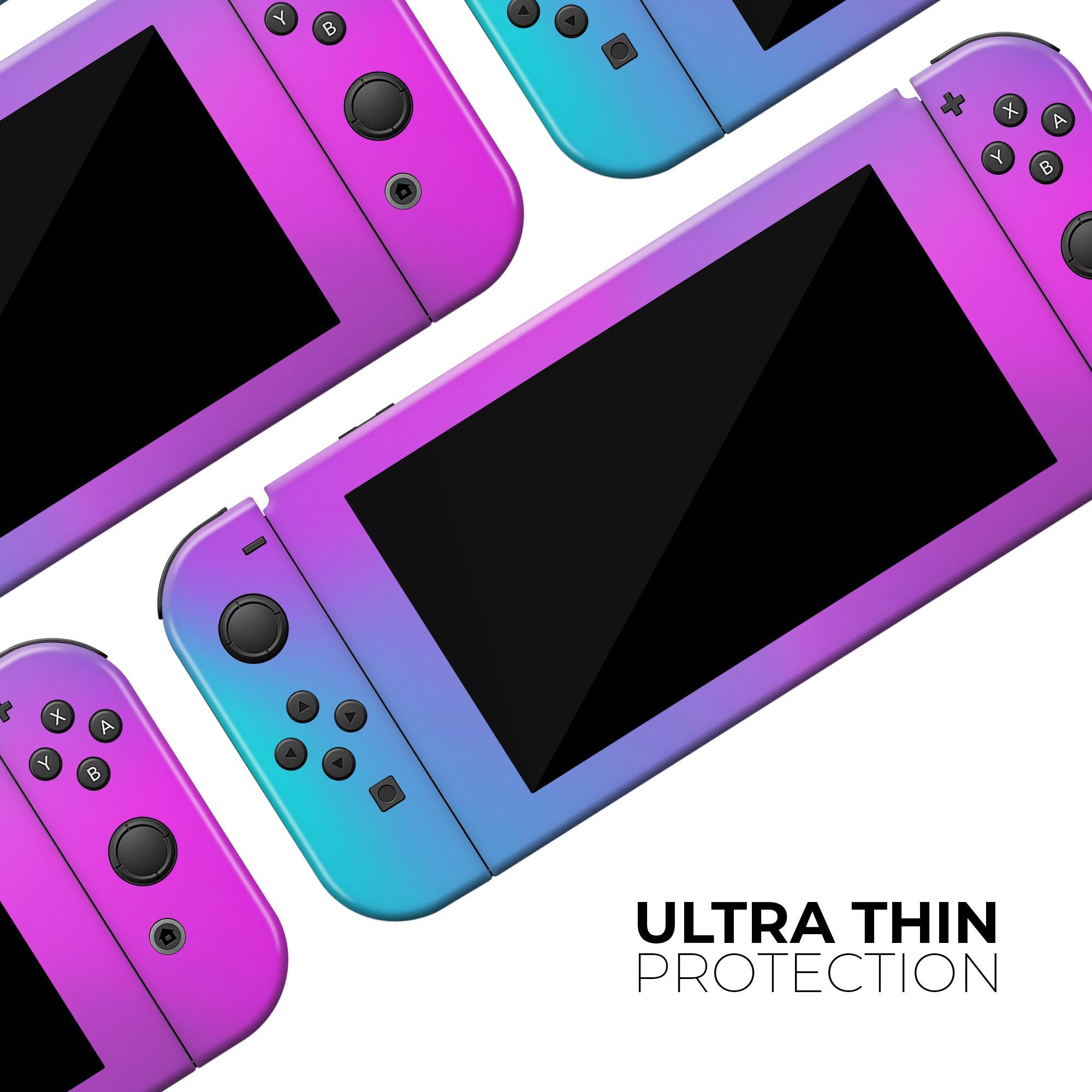 Neon Holographic V1 skin decal wrap kit for Nintendo Switch, showcasing vibrant holographic design and soft-touch matte finish.