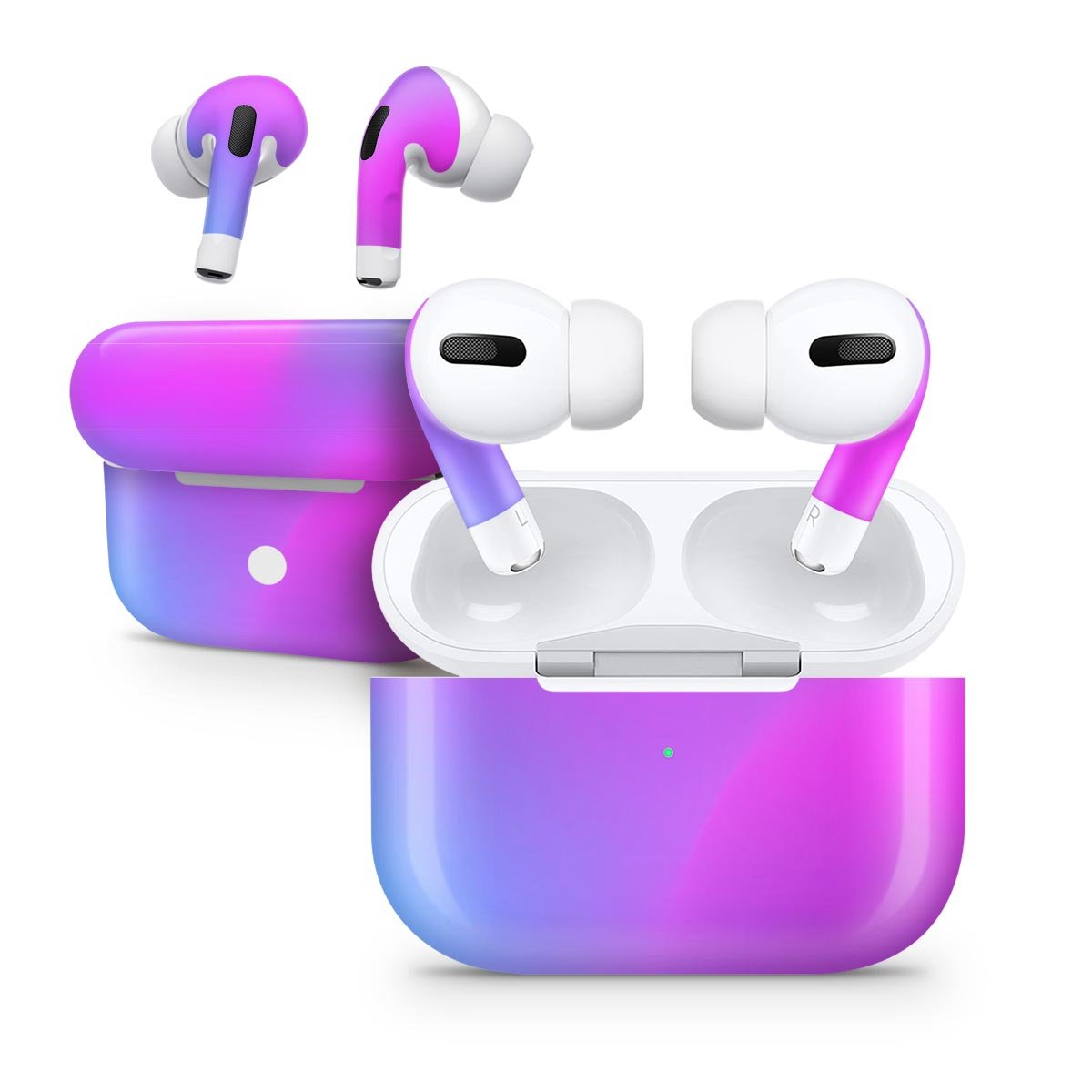 Neon Holographic V1 skin decal wrap kit for Apple AirPods Pro, showcasing vibrant colors and a sleek design.