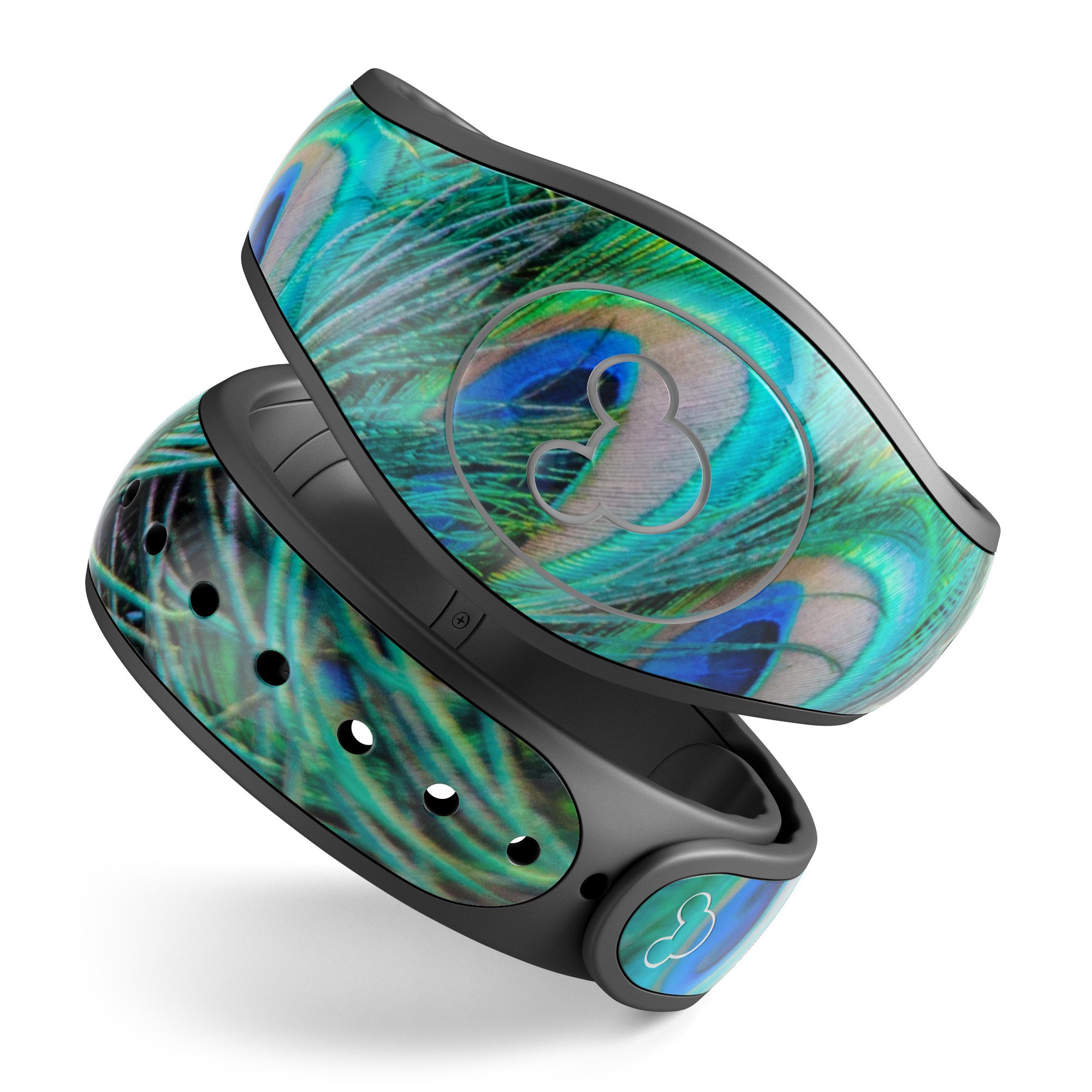 Neon Multiple Peacock skin wrap kit for Disney Magic Band, showcasing vibrant colors and intricate peacock design.