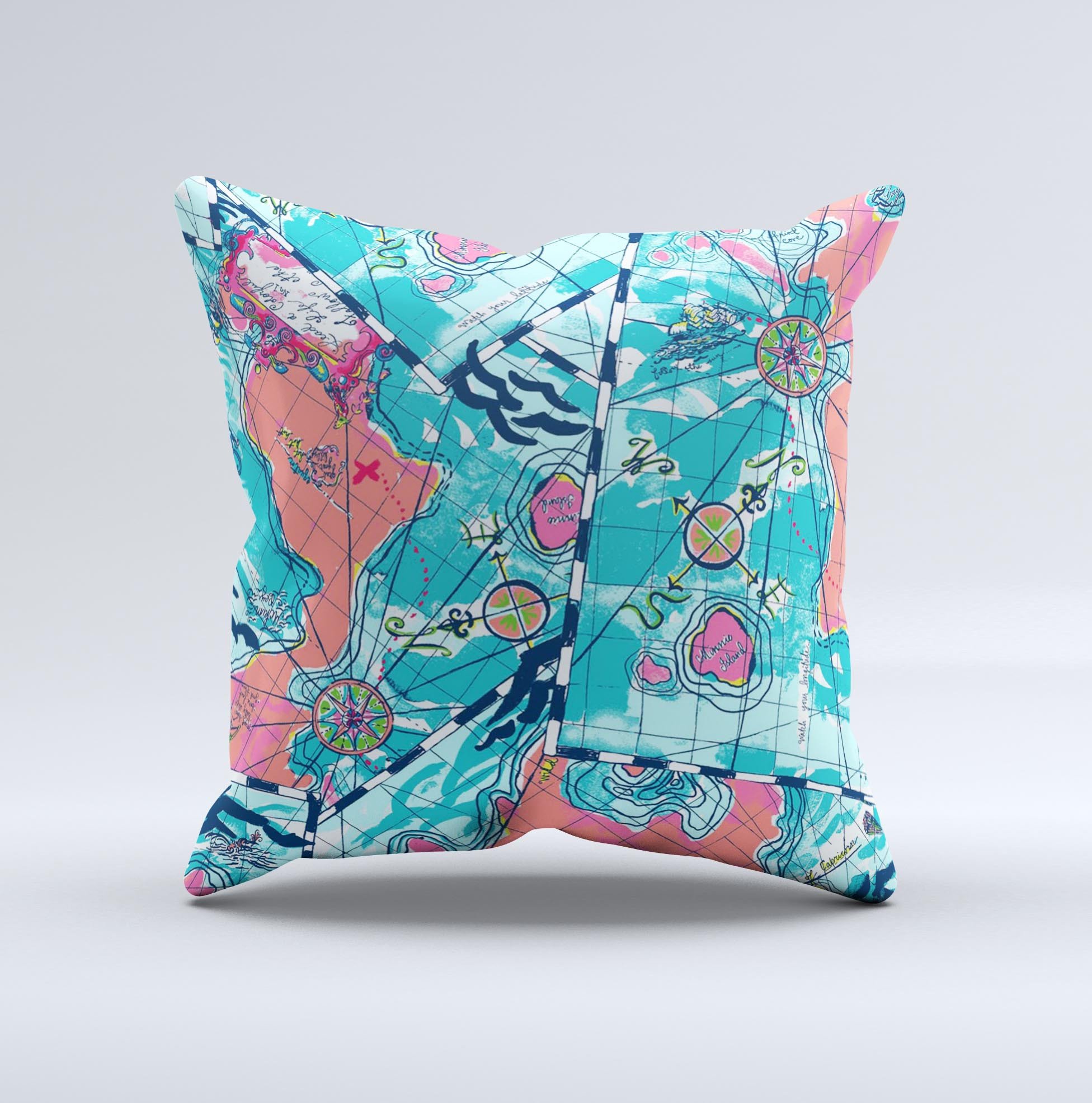 A vibrant Neon Navigation Ink-Fuzed Decorative Throw Pillow showcasing unique designs, handcrafted in Virginia with high-quality materials.