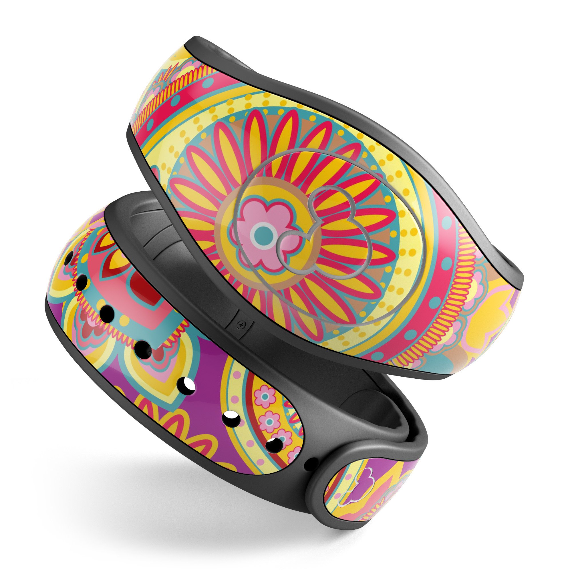 Neon orange paisley pattern decal skin wrap kit designed for Disney Magic Band, showcasing vibrant colors and intricate design.