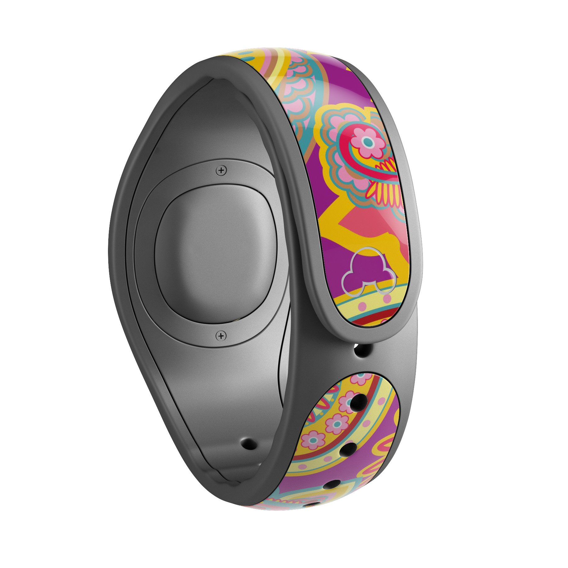 Neon orange paisley pattern decal skin wrap kit designed for Disney Magic Band, showcasing vibrant colors and intricate design.