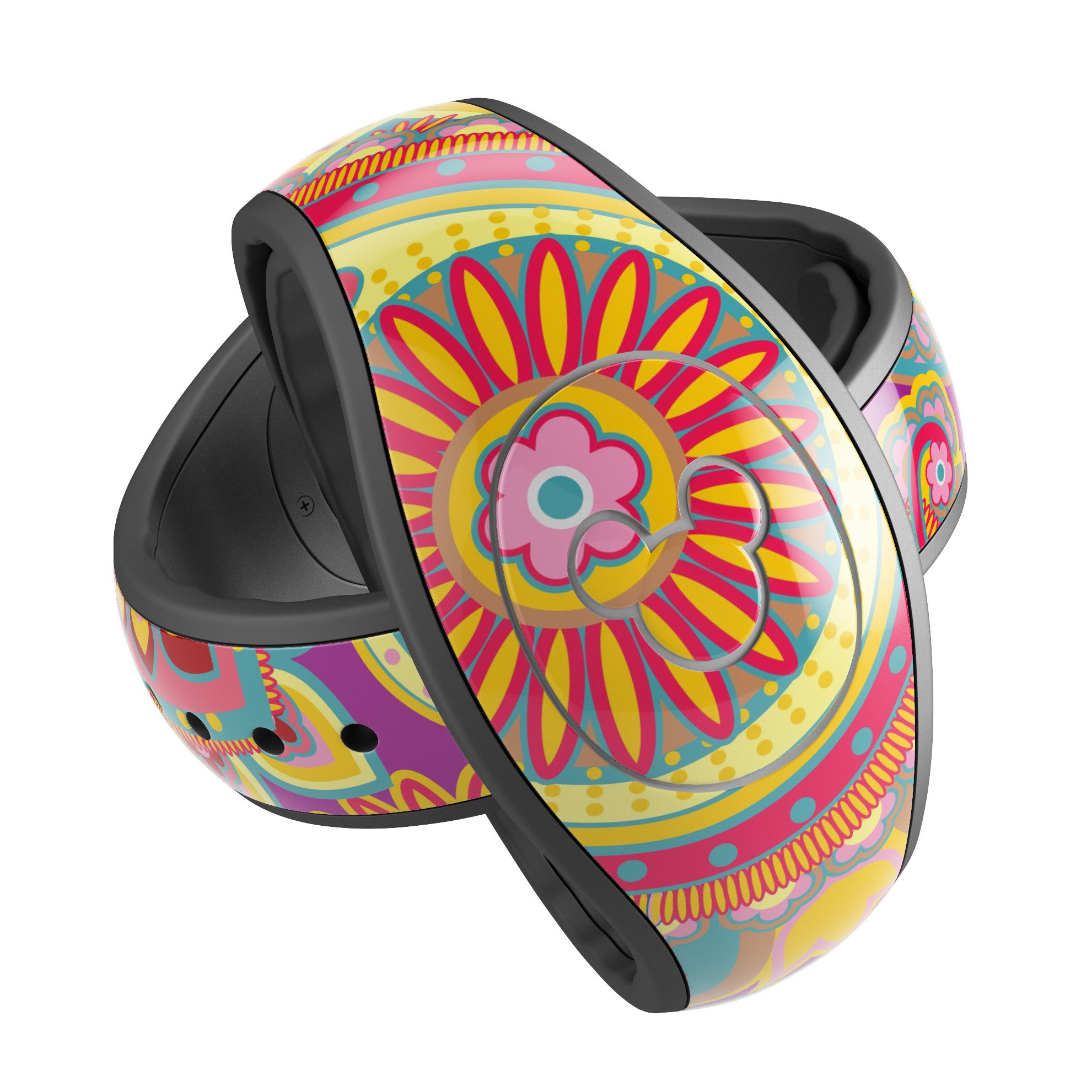 Neon orange paisley pattern decal skin wrap kit designed for Disney Magic Band, showcasing vibrant colors and intricate design.