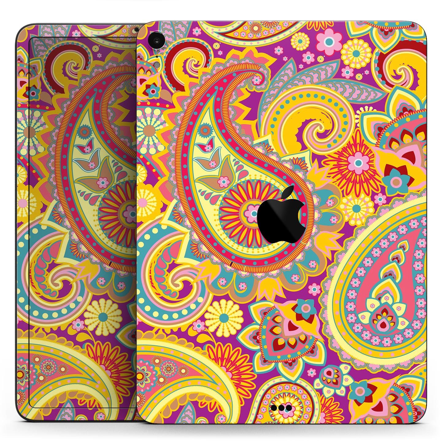Neon orange paisley pattern full body skin decal for Apple iPad, showcasing vibrant colors and intricate design.