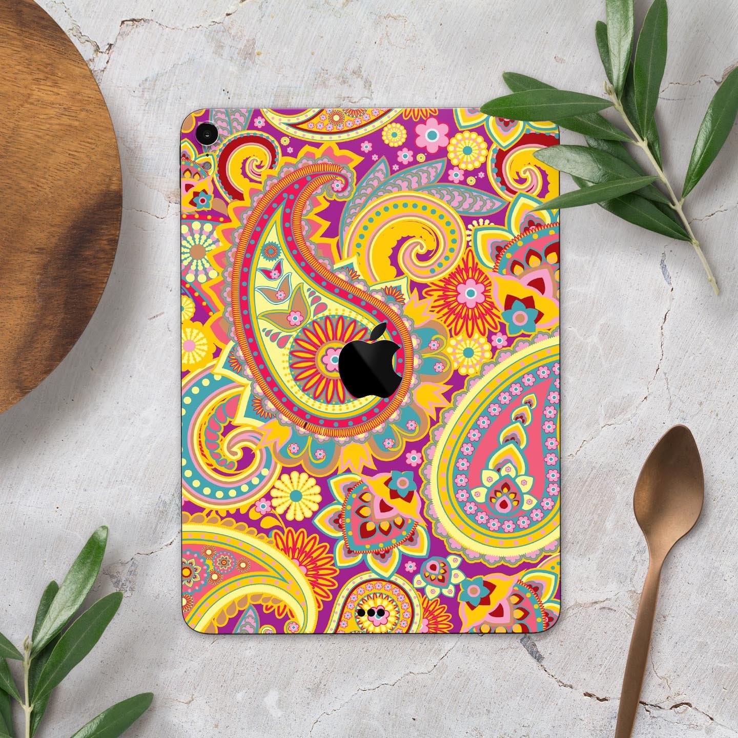 Neon orange paisley pattern full body skin decal for Apple iPad, showcasing vibrant colors and intricate design.