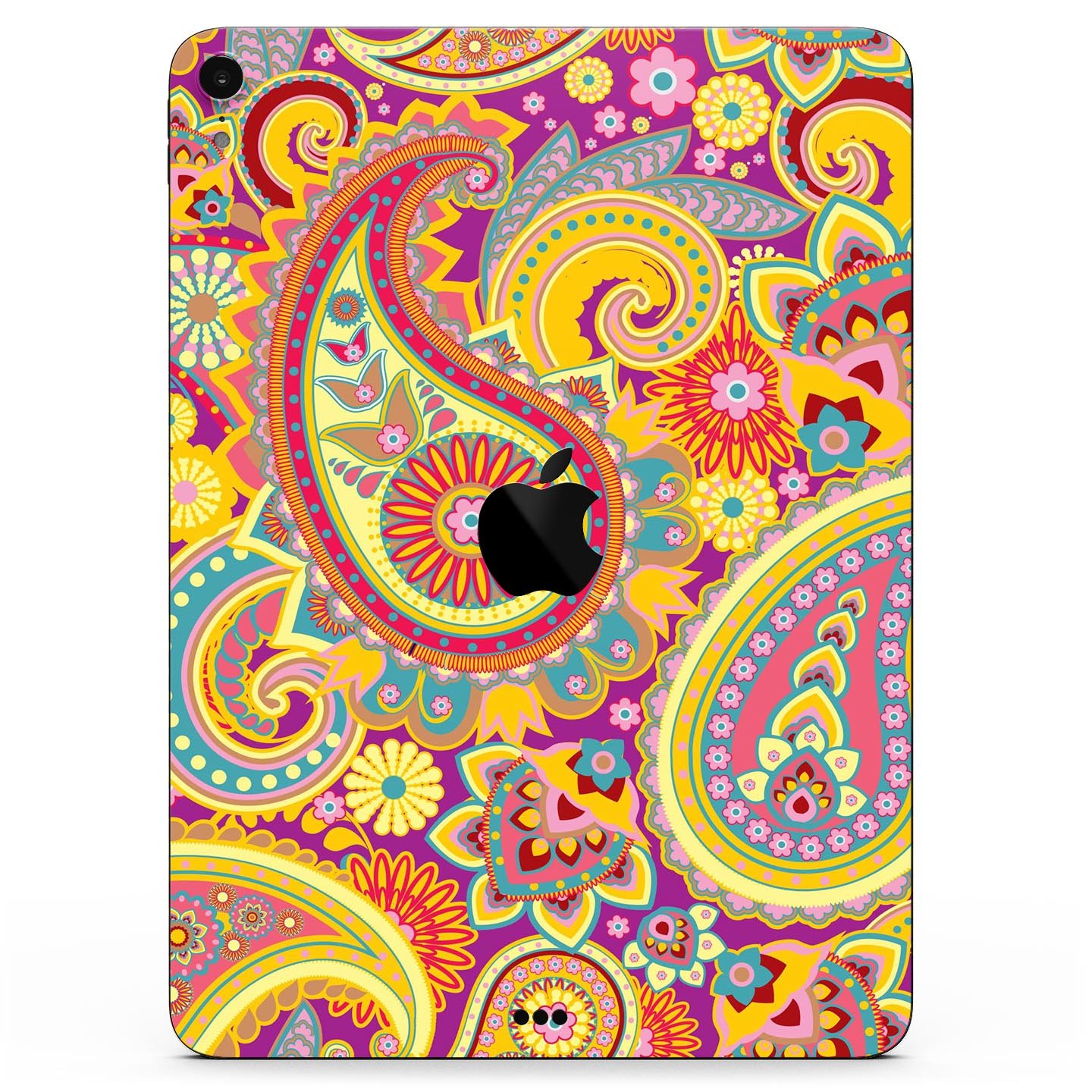 Neon orange paisley pattern full body skin decal for Apple iPad, showcasing vibrant colors and intricate design.