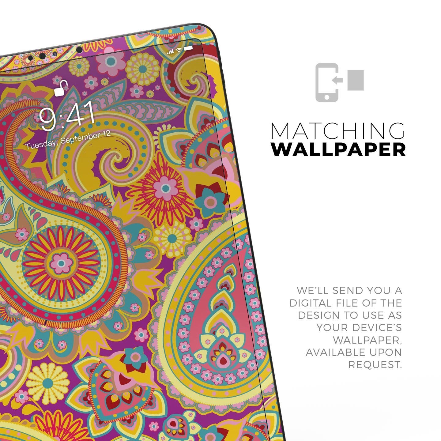 Neon orange paisley pattern full body skin decal for Apple iPad, showcasing vibrant colors and intricate design.