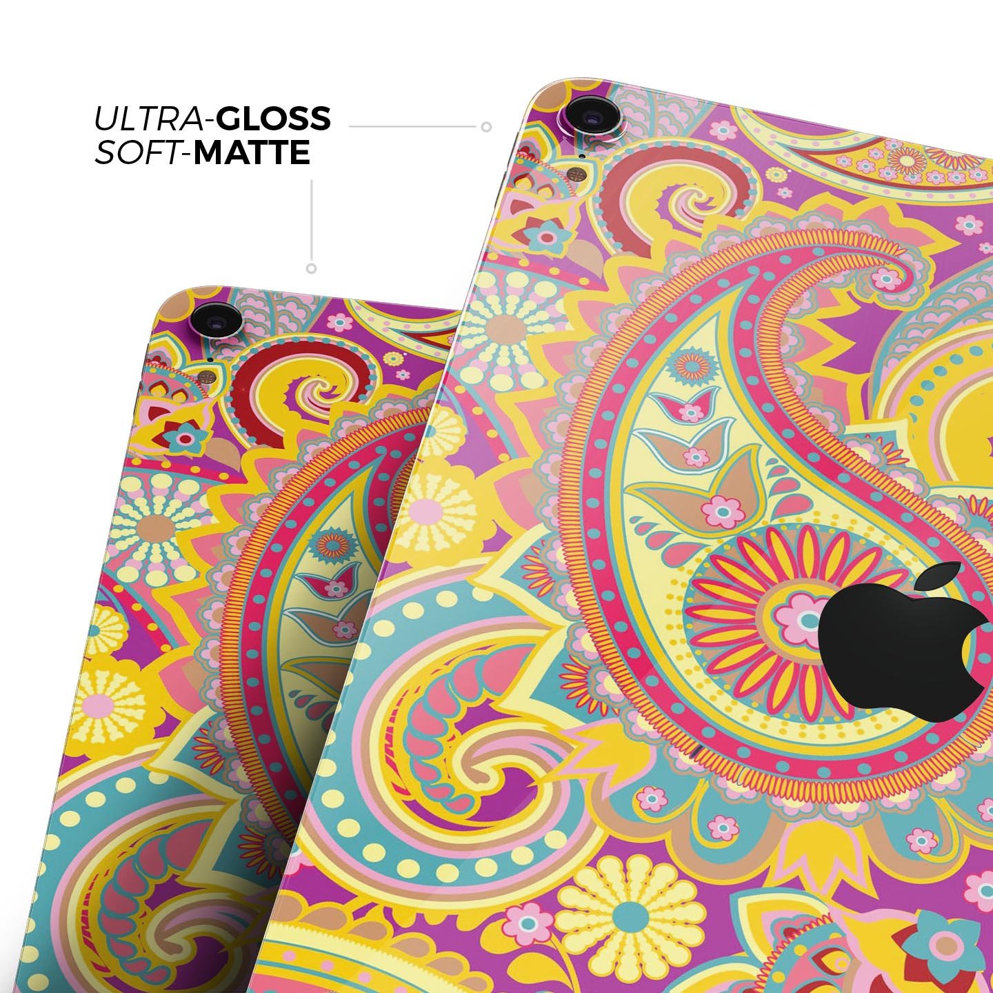Neon orange paisley pattern full body skin decal for Apple iPad, showcasing vibrant colors and intricate design.