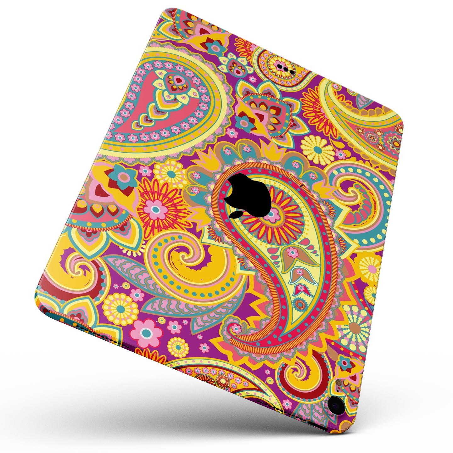 Neon orange paisley pattern full body skin decal for Apple iPad, showcasing vibrant colors and intricate design.