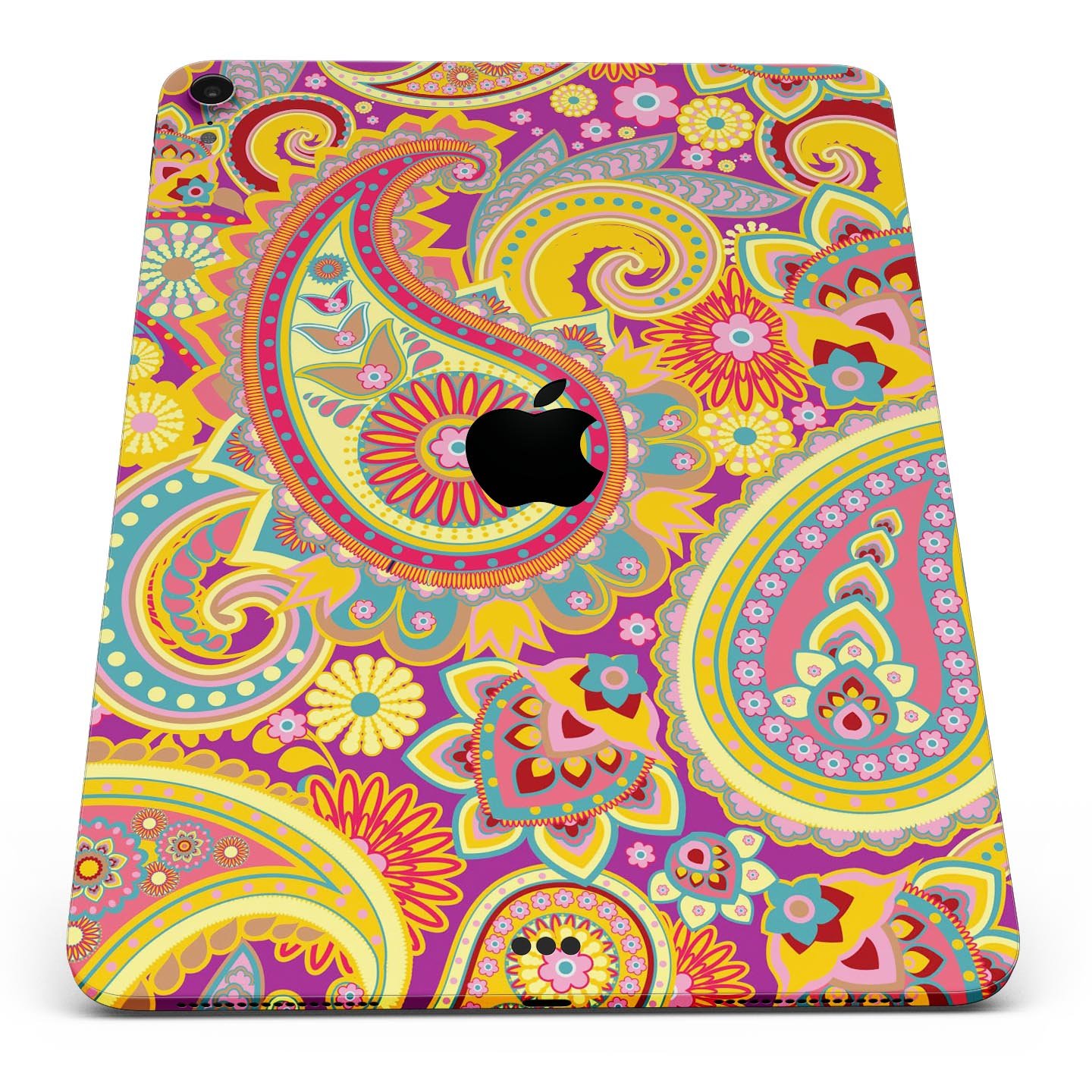 Neon orange paisley pattern full body skin decal for Apple iPad, showcasing vibrant colors and intricate design.