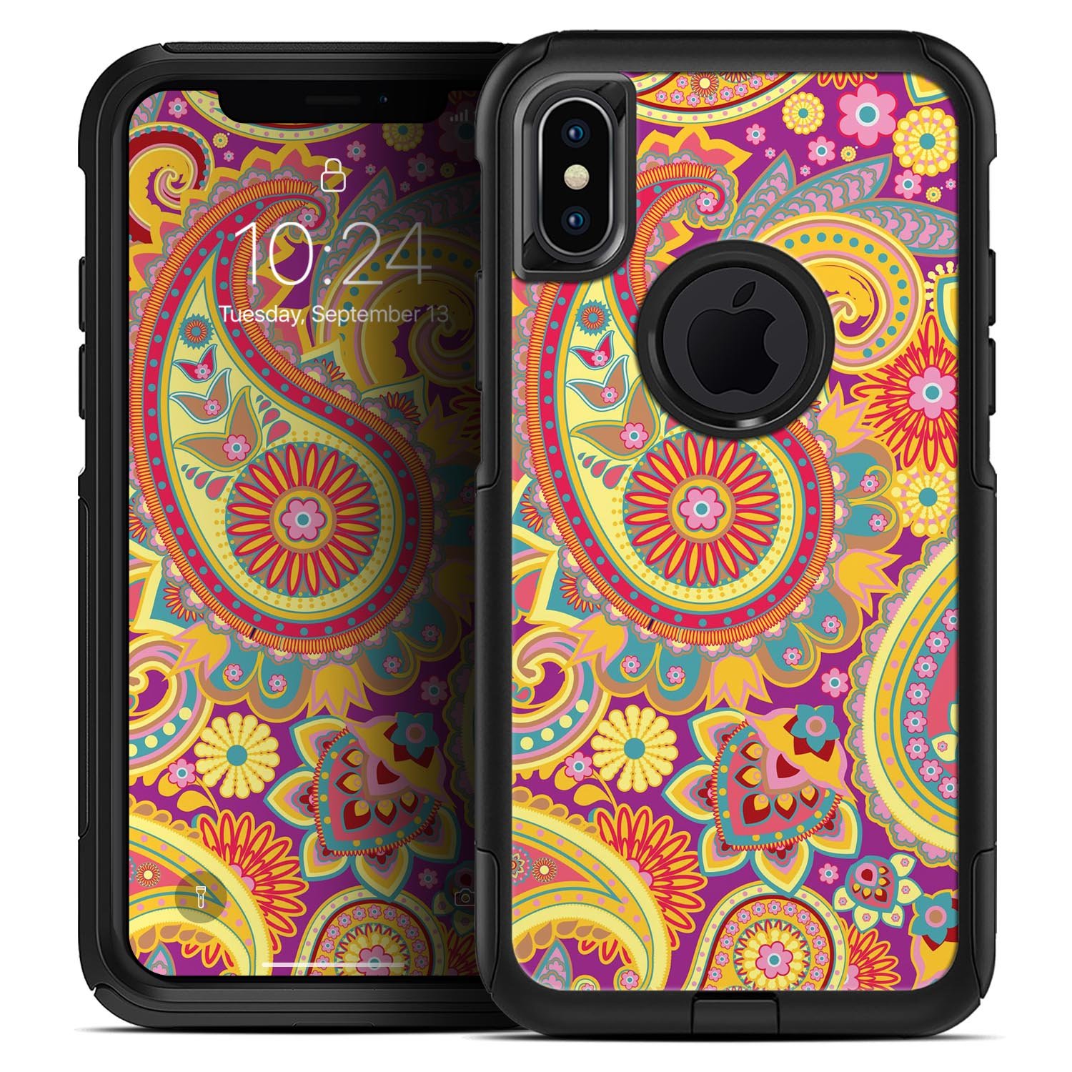 Neon orange paisley pattern skin kit designed for iPhone OtterBox cases, showcasing vibrant colors and intricate design.